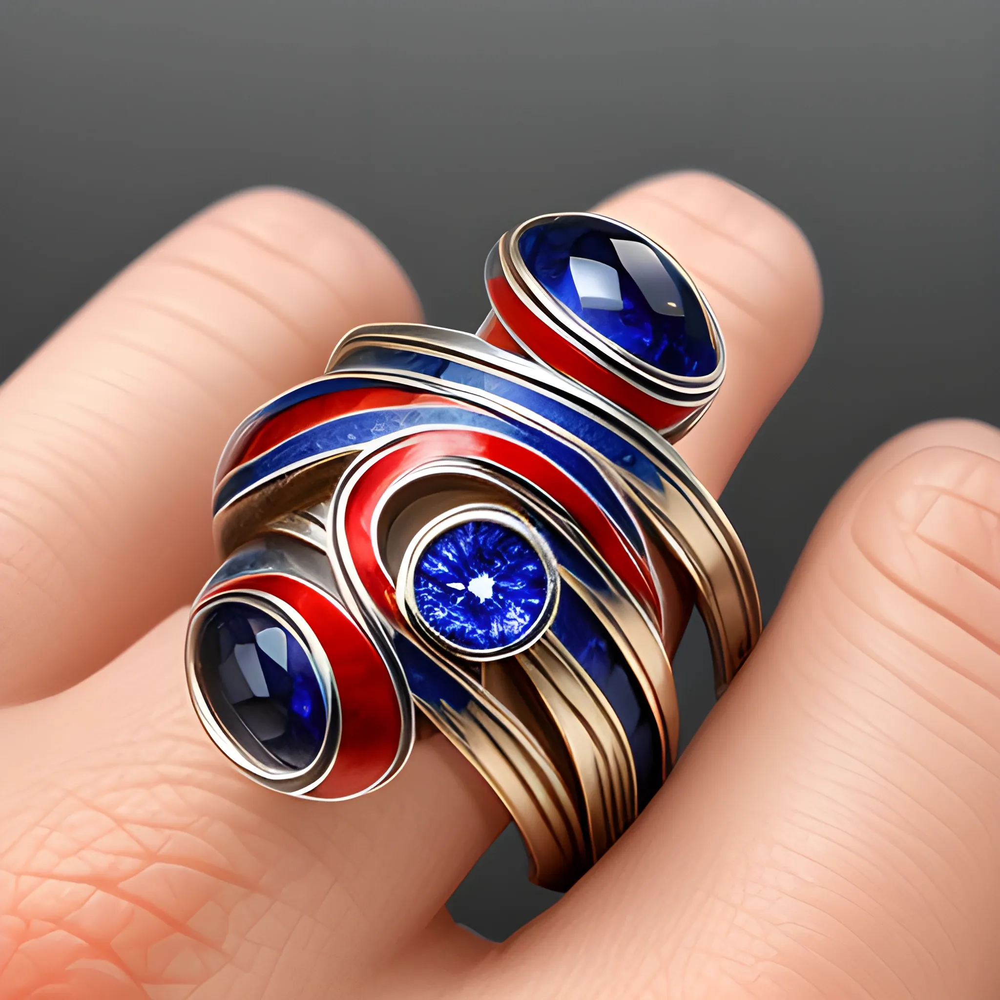 an shangrila style swirl design ring with red, white and blue sapphires, in the style of planar art, i can't believe how beautiful this is, precisionist style, marble, traditional