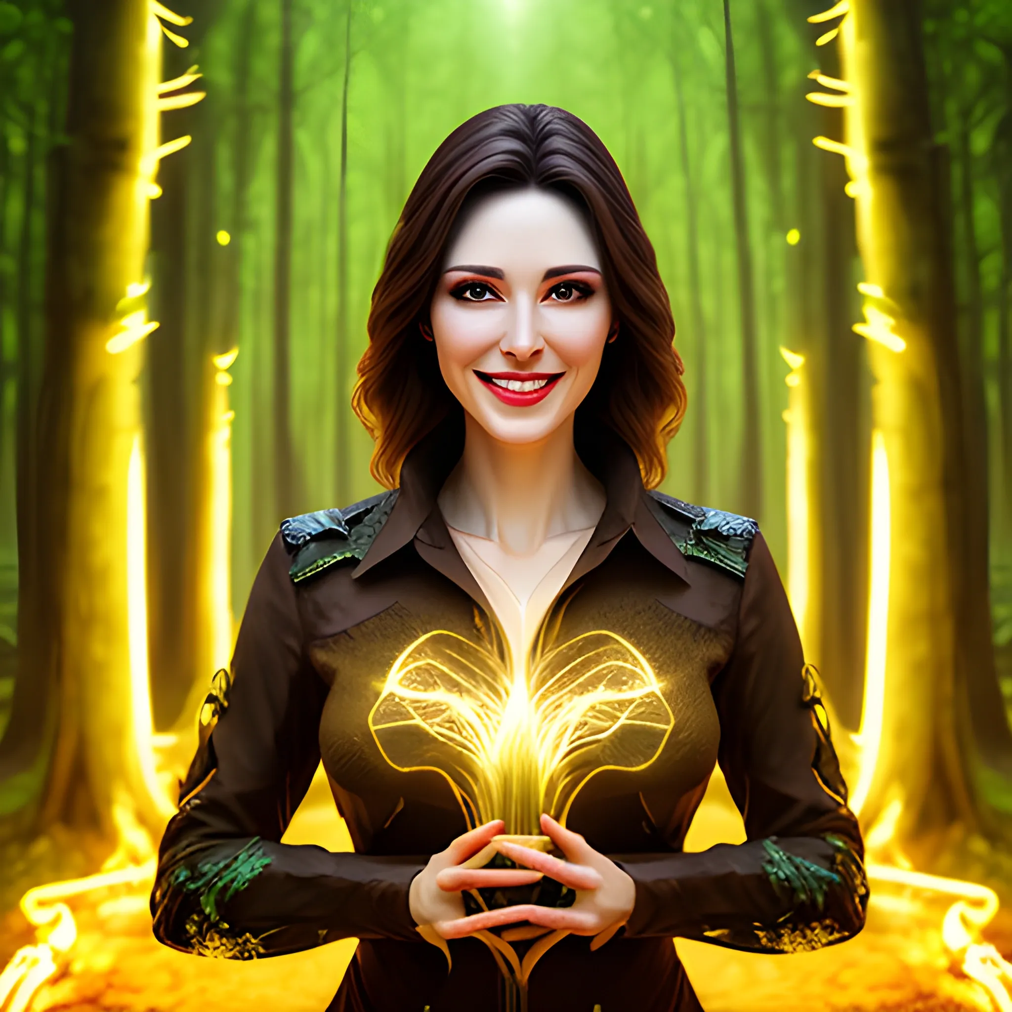 Best Quality, Masterpiece, Ultra High Resolution, (Realisticity:1.4), Original Photo, Cinematic Lighting, 1girl, deep forest, smile, light painting, 3D