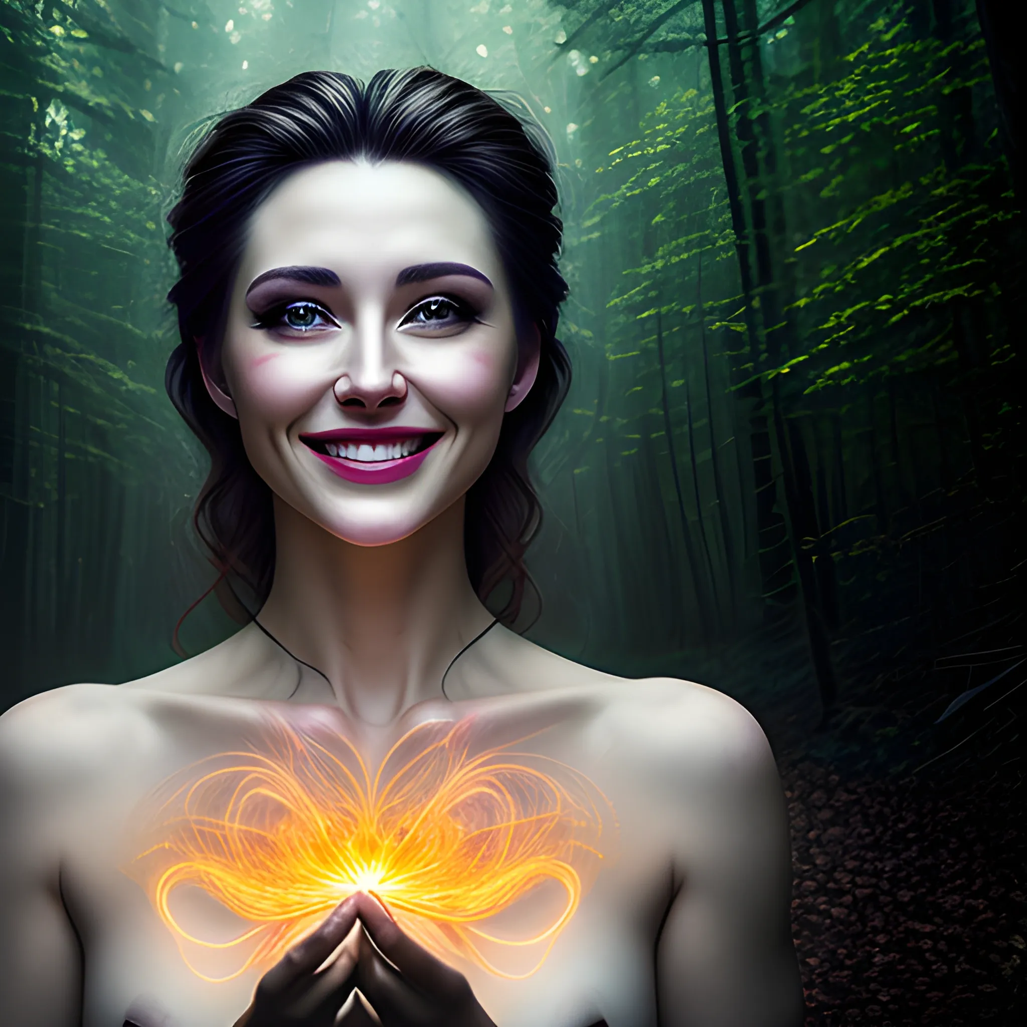 Best Quality, Masterpiece, Ultra High Resolution, (Realisticity:1.4), Original Photo, Cinematic Lighting, 1girl, deep forest, smile, light painting