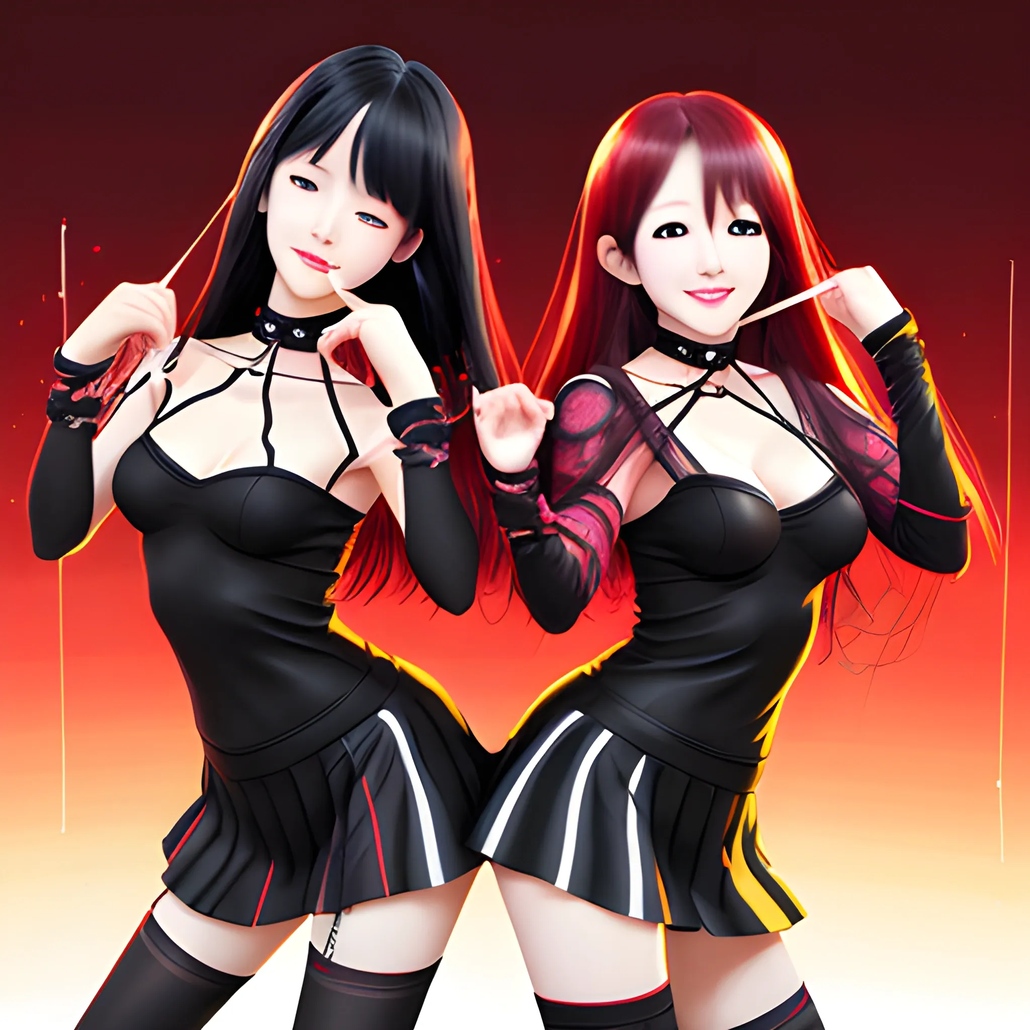 two classical korean female musicians, full figure, fit, spandex, black stockings, choker, long hair, classy,  smile, manga eyes, open mouth, chaotic messy background, stains, manga style art, warm colors, red stage illumination,, 3D, 