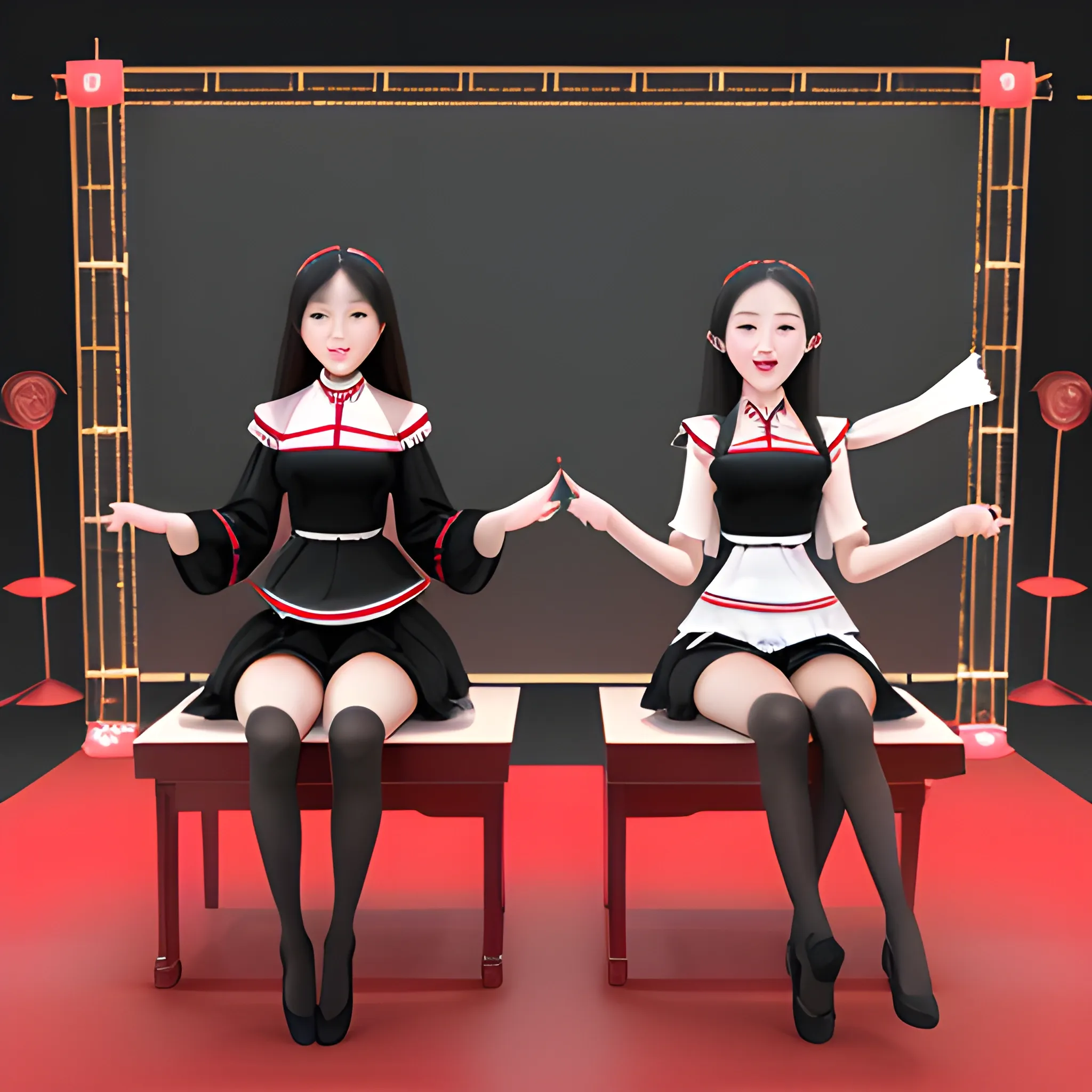 two classical korean female judges, full figure, fit, black stockings, choker, long hair, classy,  smile, big eyes, singing, open mouth, messy background, stains, warm colors, red stage illumination,, 3D, 