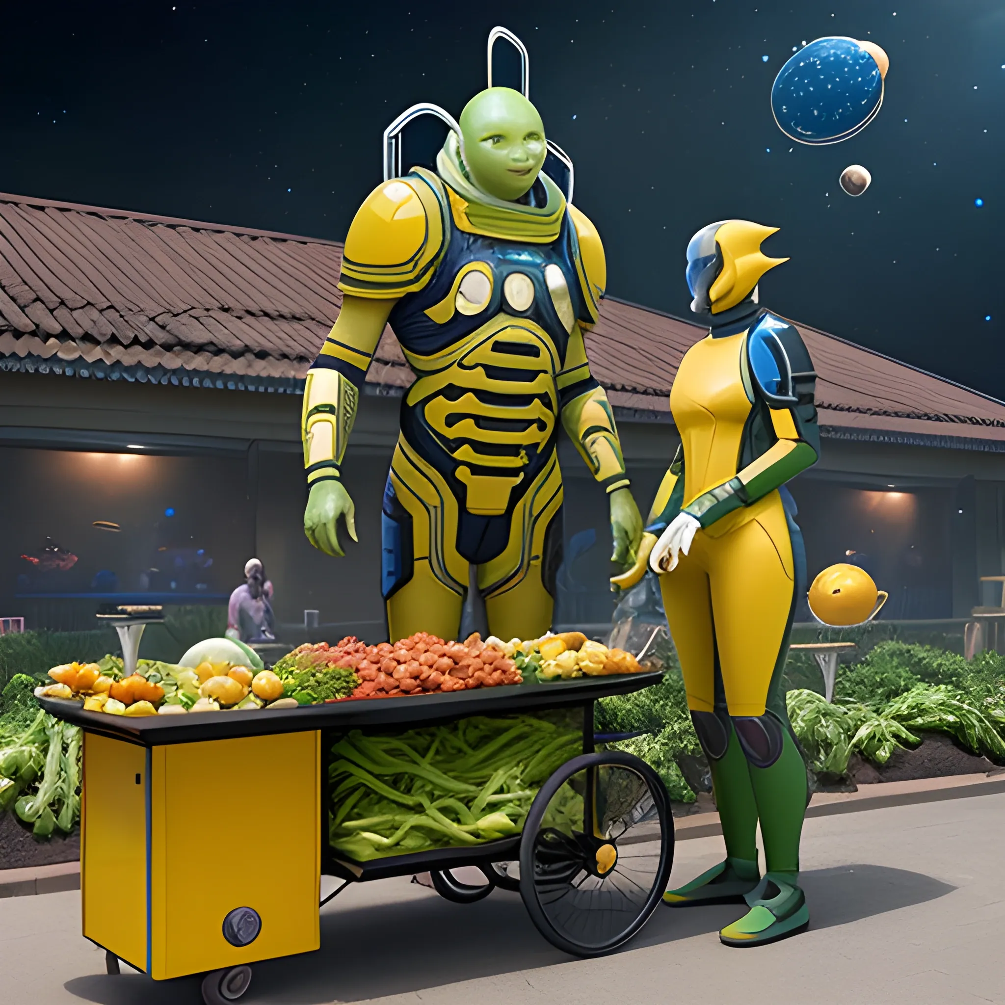 , 3Da vegetable hawker in a  neighborhood  in outer space with people wearing futuristic bulky yellow marks for breathing , gardians of the galaxy style ,realistic