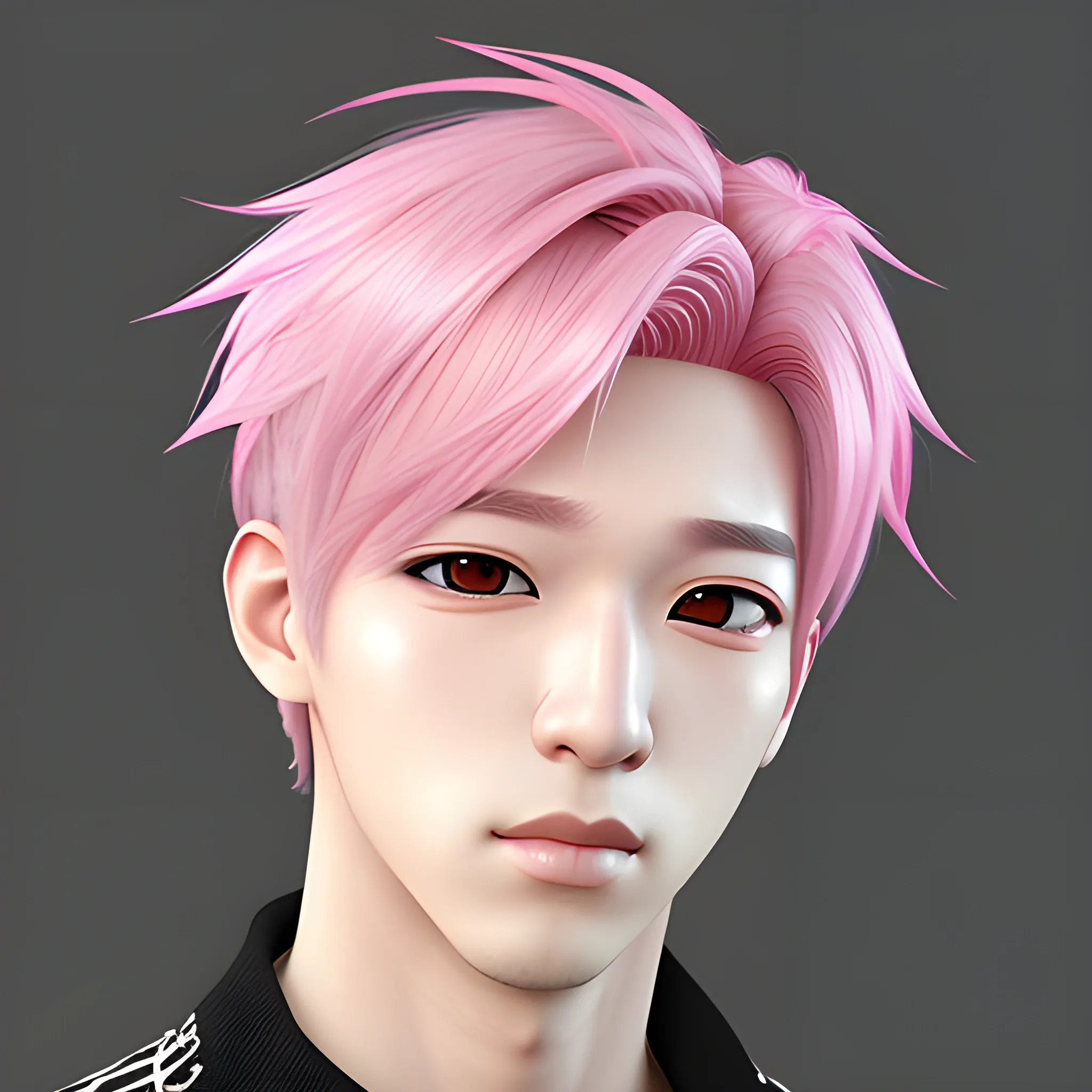 male character, cute, pink hair, k pop idol style, realistic paint, 3d