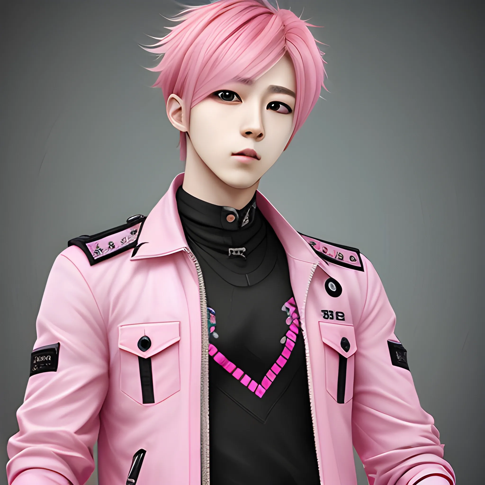 male character, cute, pink hair, k pop idol style, realistic paint, handsome and CUTE