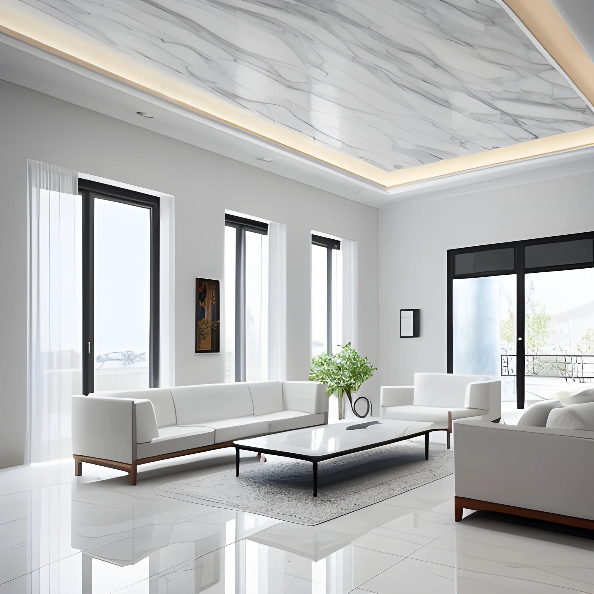 A modern living room with a beautiful white marble table between 2 white sofas ,on the left of the living room there are floor to ceiling glass window and on the right of the living room there are wooden stairs to the second floor, 8k resolution, professional interior design photograph