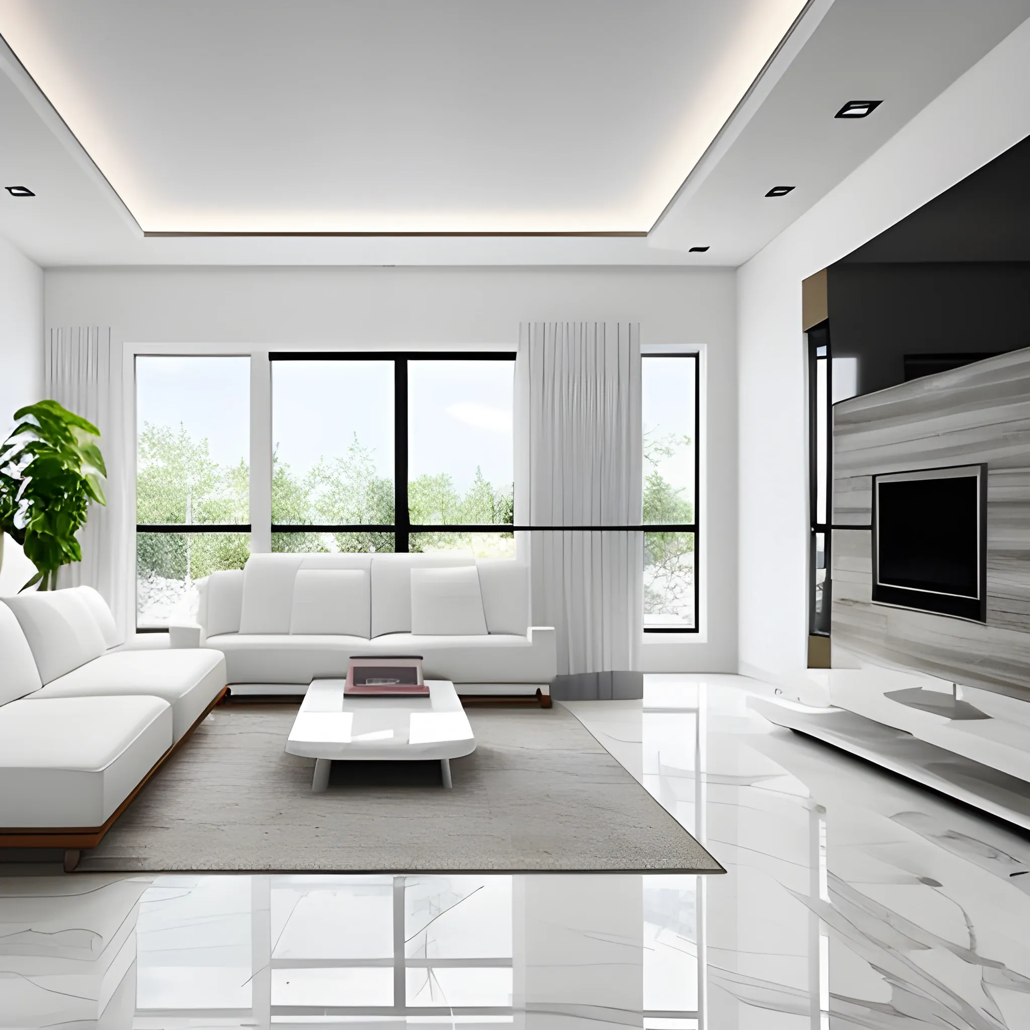 A modern living room with a beautiful white marble table between 2 white sofas ,on the left of the living room there are floor to ceiling glass window and on the right of the living room there are wooden stairs to the second floor, 8k resolution, professional interior design photograph