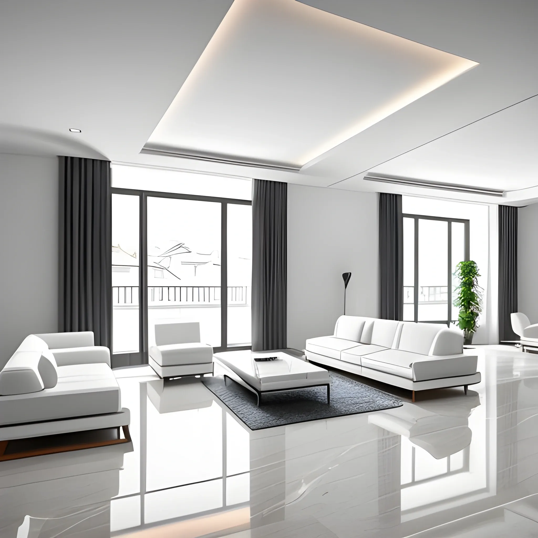 A modern living room with a beautiful white marble table between 2 white sofas ,on the left of the living room there are floor to ceiling glass window and on the right of the living room there are wooden stairs to the second floor, 8k resolution, professional interior design photograph