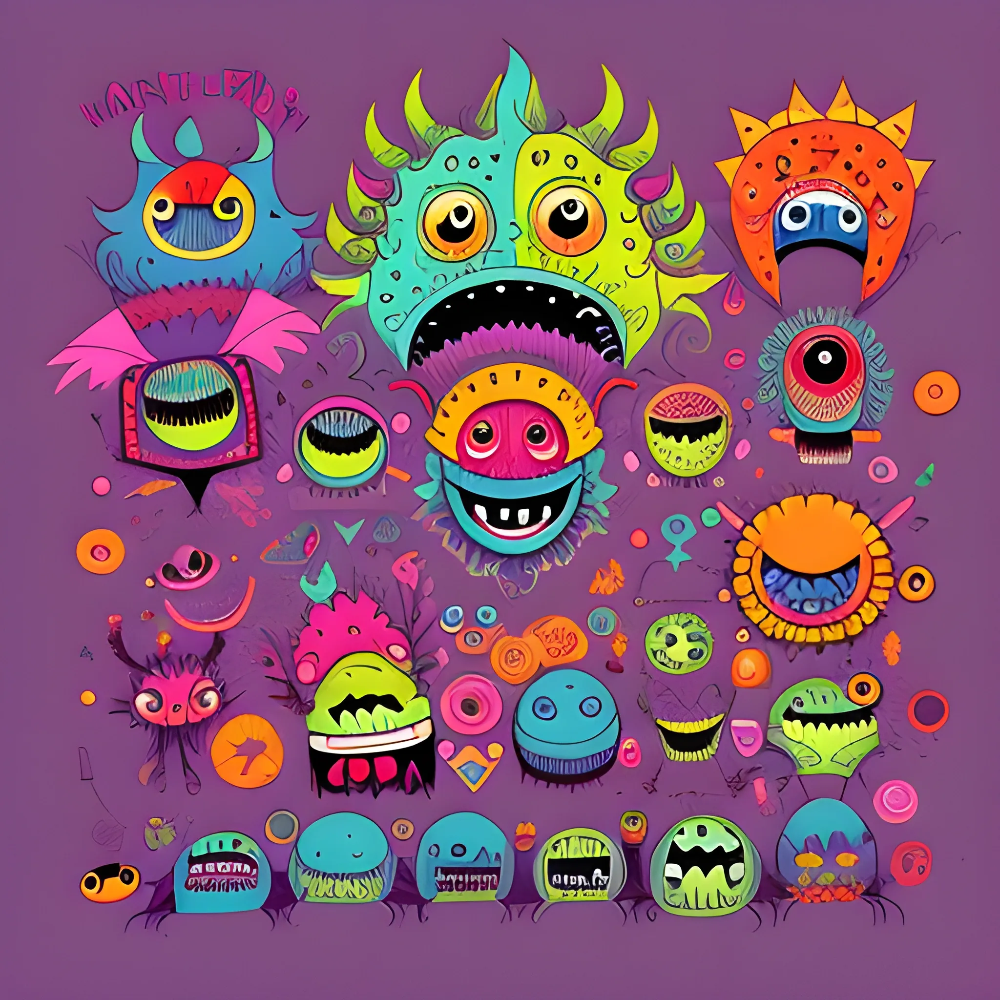 many monsters, doodle art style, Colorful, Funny, Vibrant, Textured, Highly detailed, Modern, Digital art, Trending on Artstation, by artist amanda