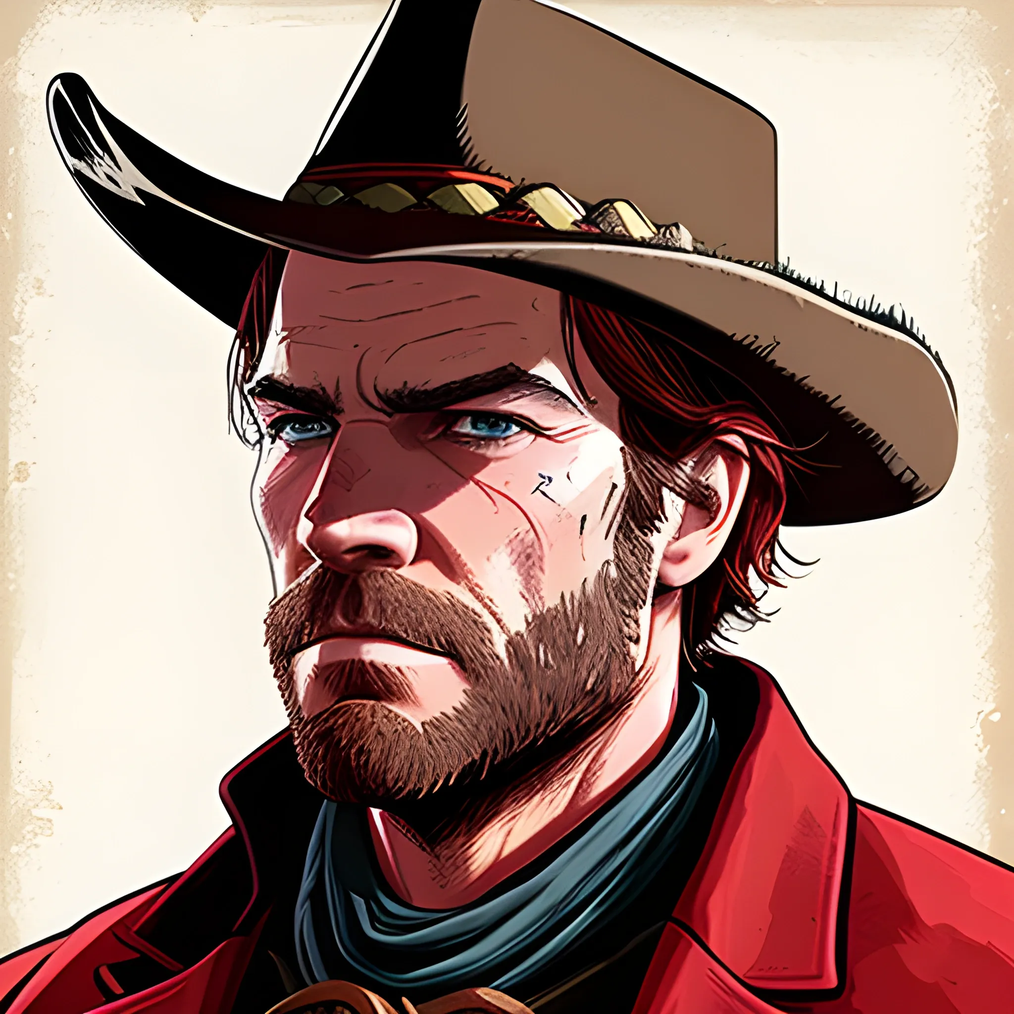 red, Arthur Morgan, rdr2, face only, intense, side view, Cartoon