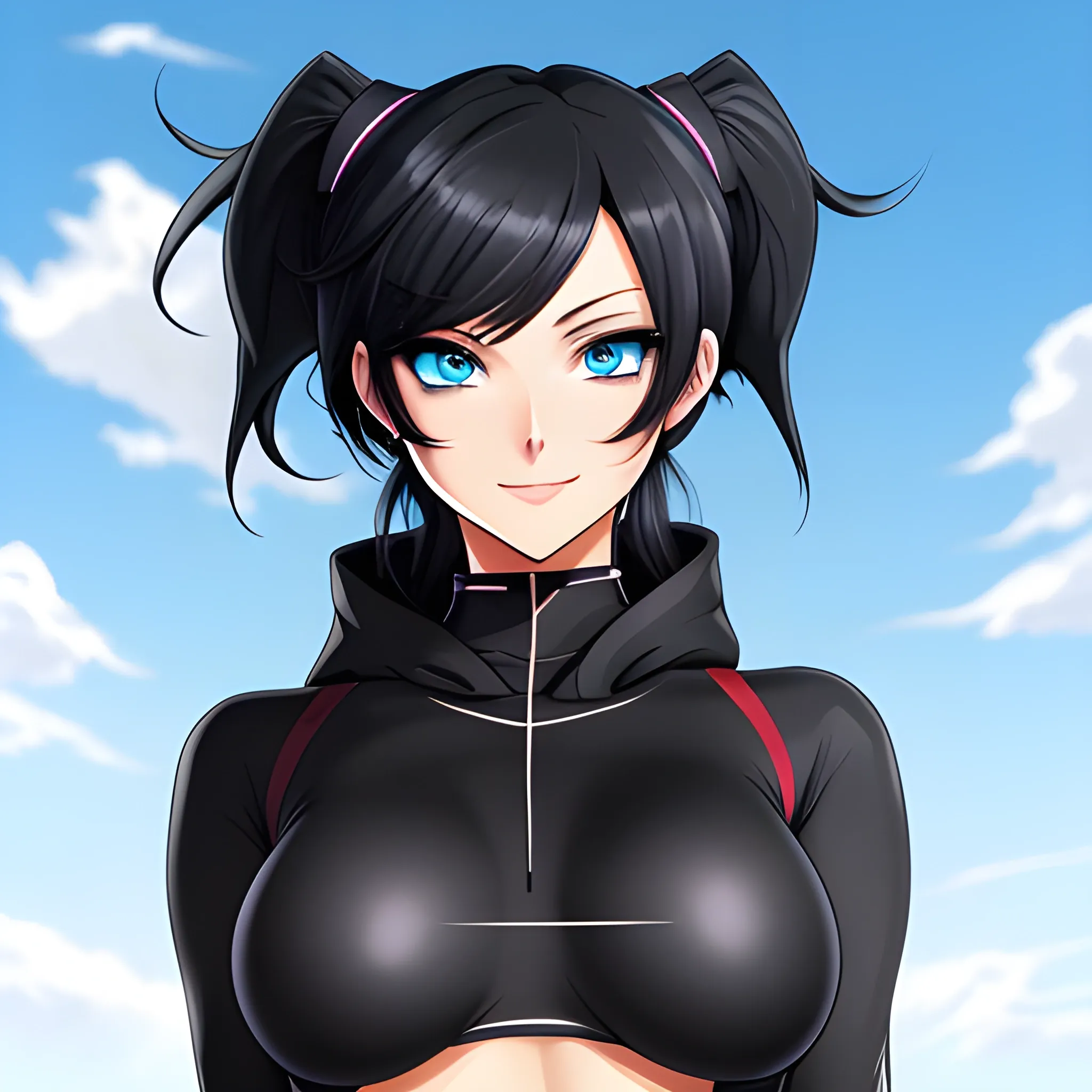 (masterpiece), best quality, expressive eyes, perfect face, 8k, catgirl, black hair, (black leggings), (black hoodie), (cameltoe), seductive smile, view from below, blue eyes, anime