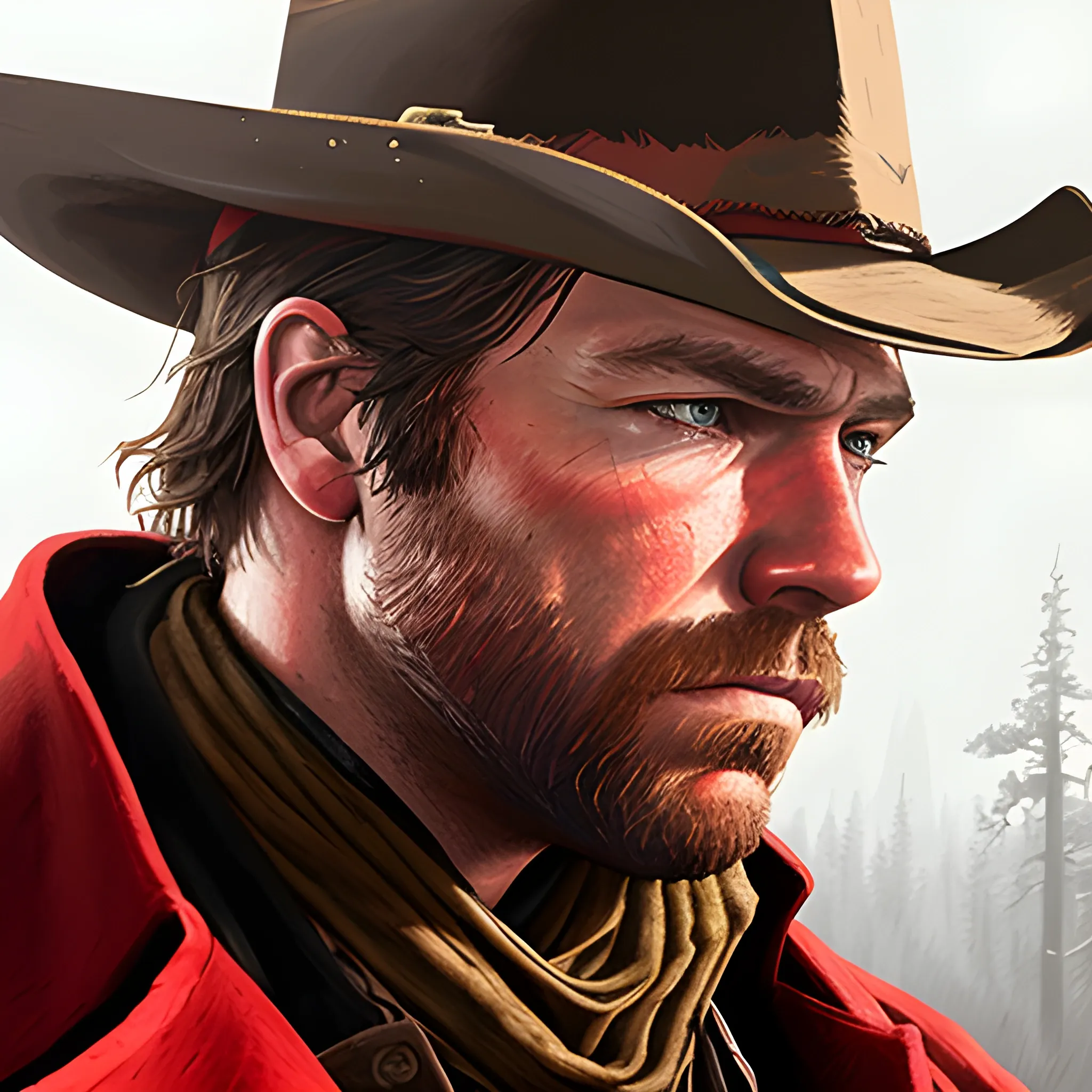 red, Arthur Morgan, rdr2, face only, intense, side view, , Oil Painting