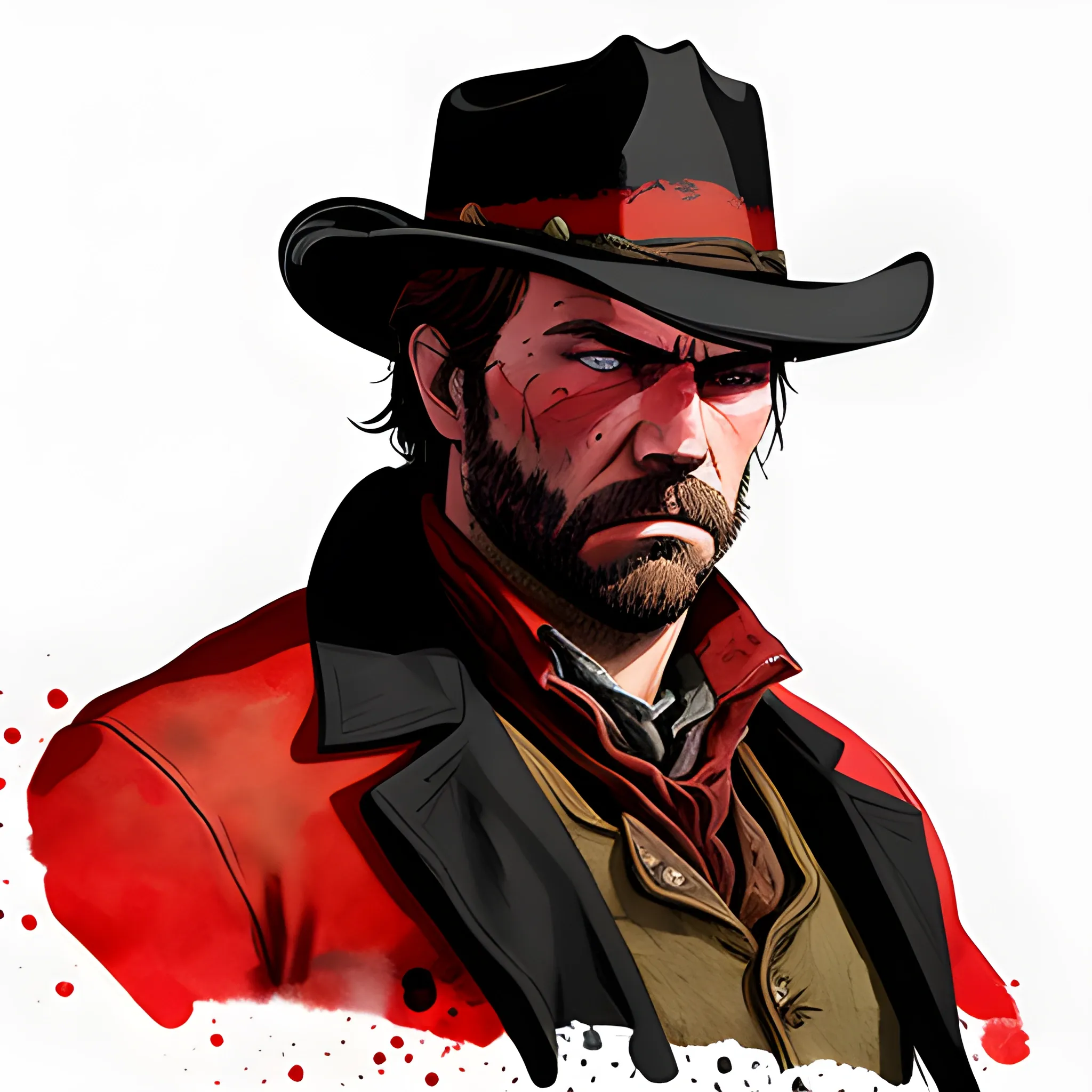 red and black, Arthur Morgan, rdr2, face only, intense, side view,  Water Color