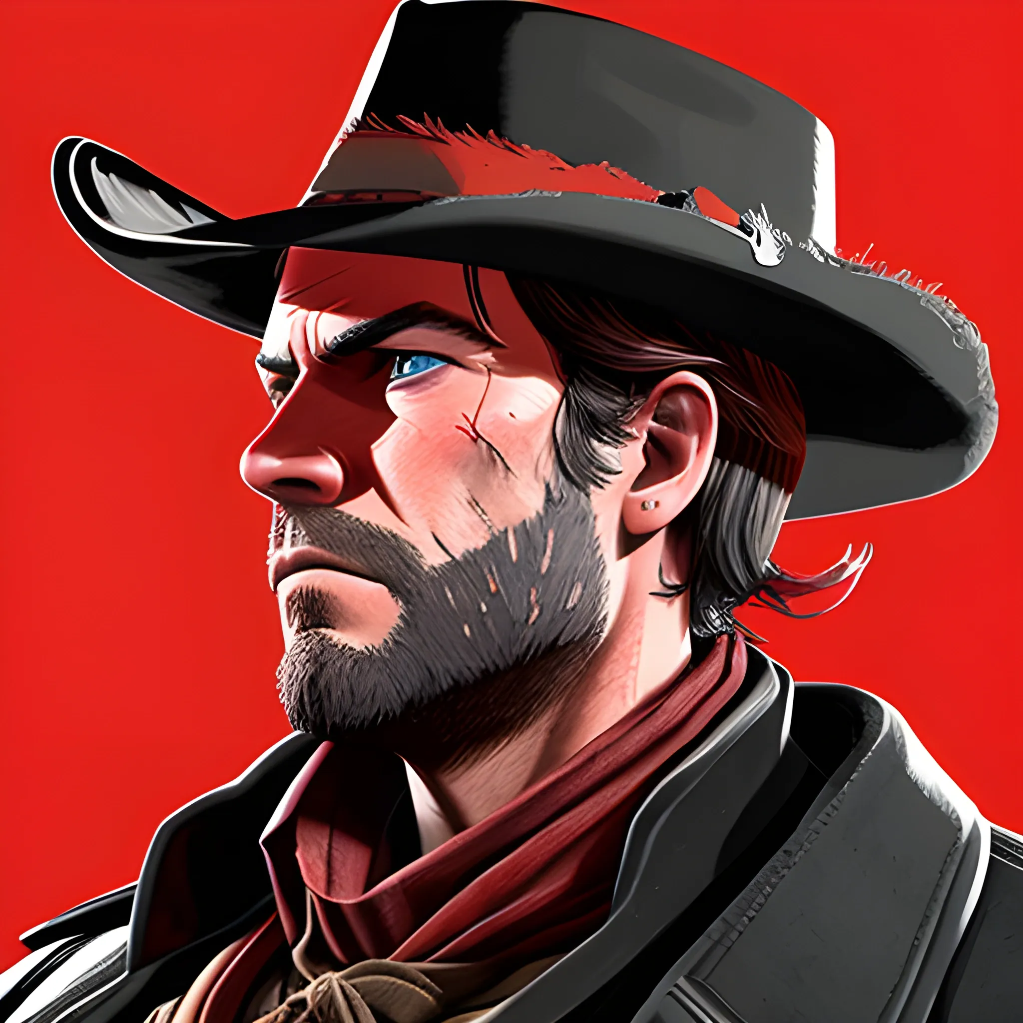 red and black, Arthur Morgan, rdr2, face only, intense, side view, 3D