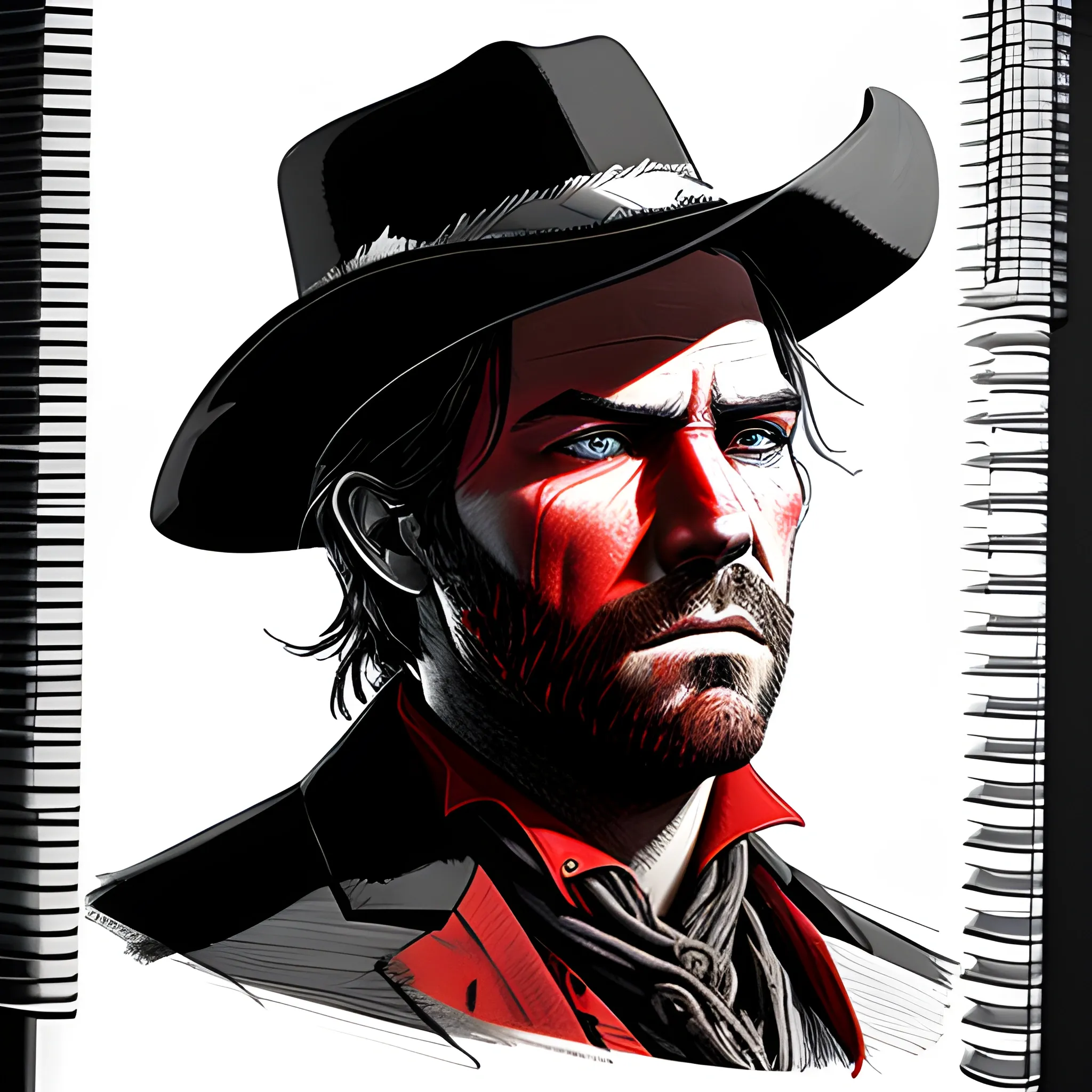 red and black, Arthur Morgan, rdr2, face only, intense, side view, Pencil Sketch