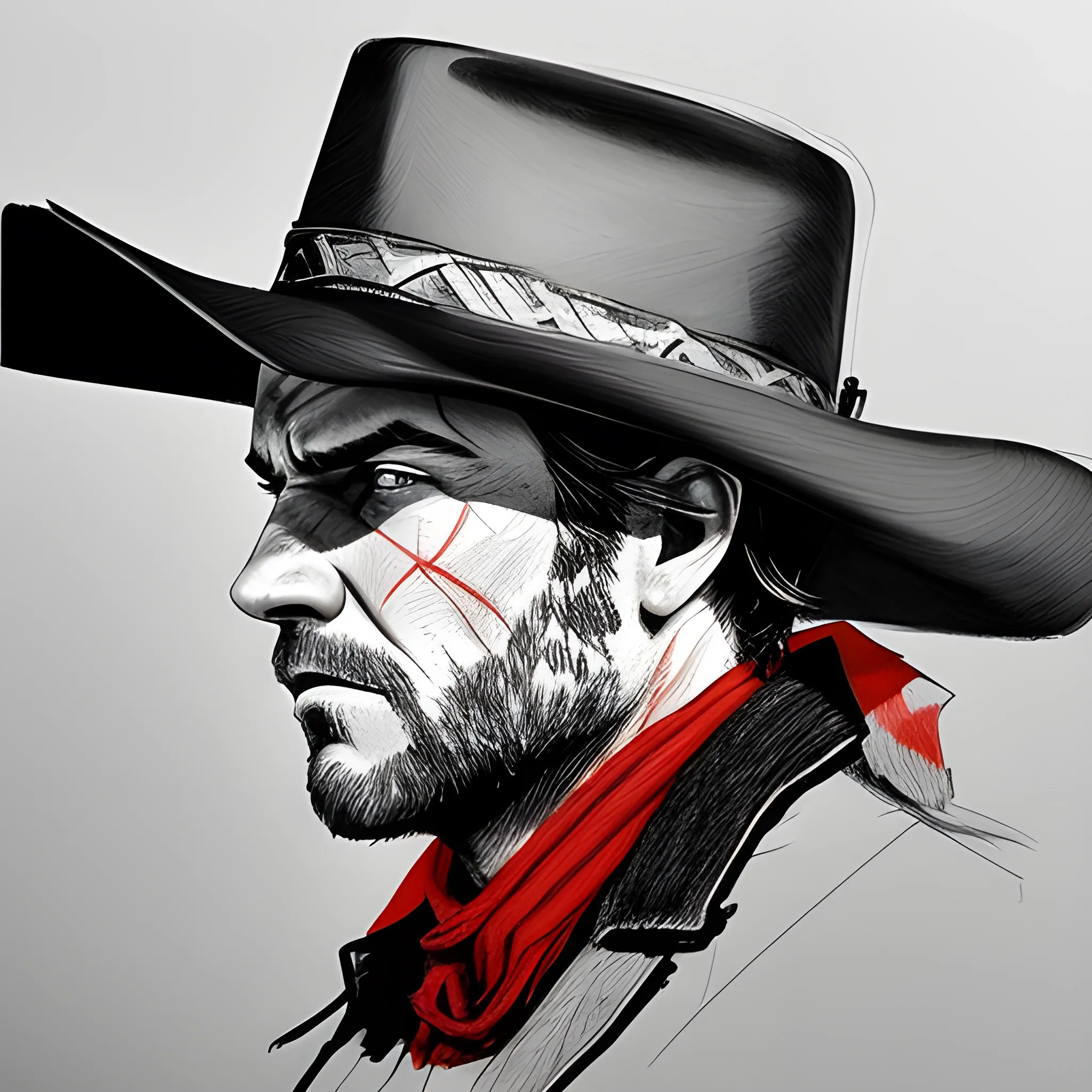 red and black, Arthur Morgan, rdr2, face only, intense, side view, Pencil Sketch, looking away from camera
