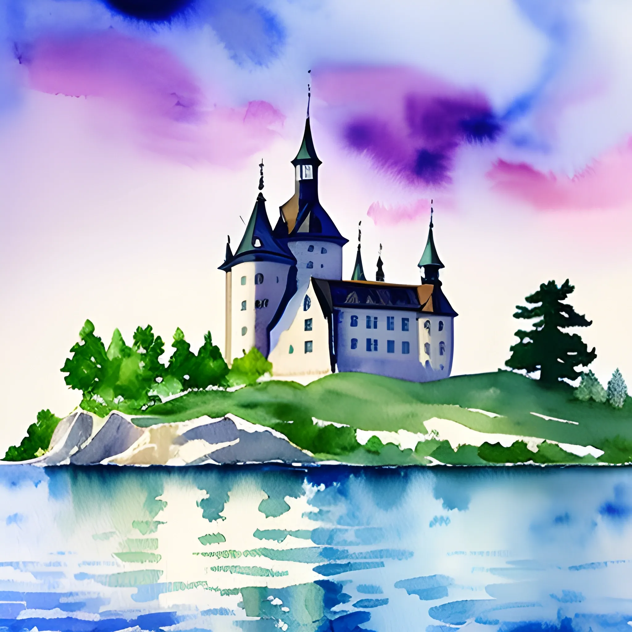 beautiful night swedish castle island, watercolor painting, Water Color