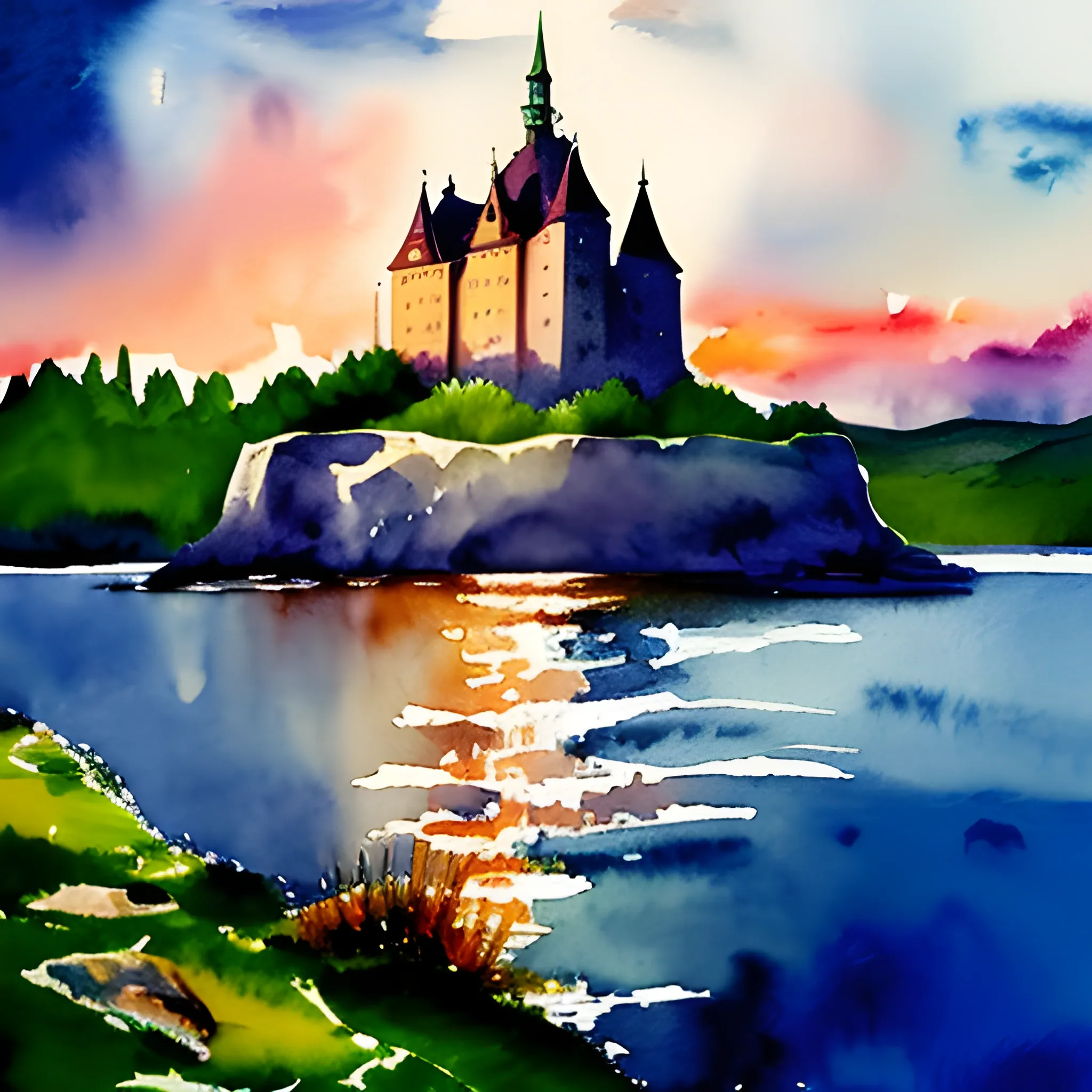 beautiful night swedish castle island, watercolor painting, Water Color, Oil Painting