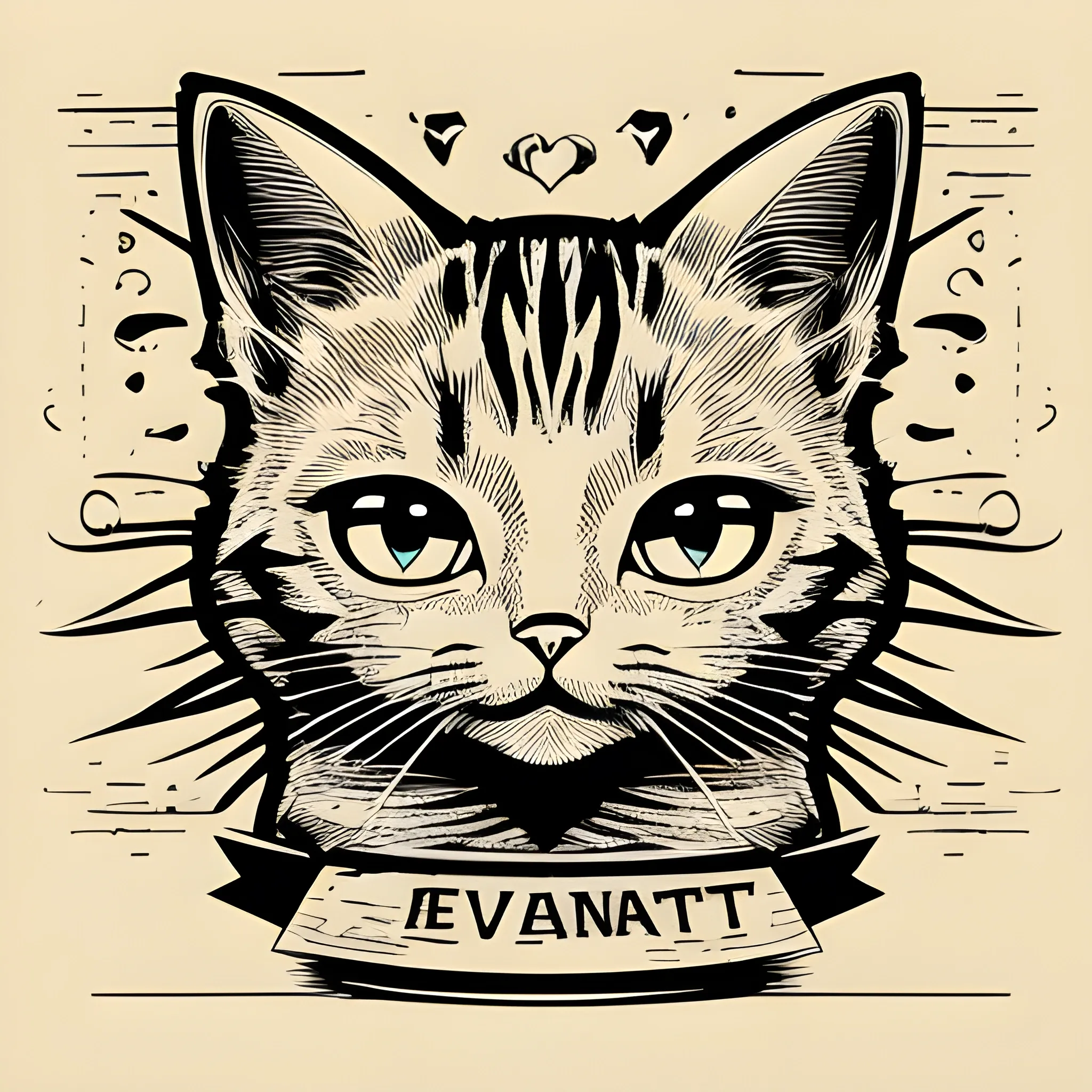 A detailed drawing, cat t-shirt design ,Shion, night, clean focus , full shot splash, comic, flat design, colorful shades, highly detailed, clean, vector image, flat white background, vibrant, vector, vintage, rustic, distressed texture, faded colors, line art, engraving style, background white, no shadows, 16k, focus, deviant art masterpiece. proportional