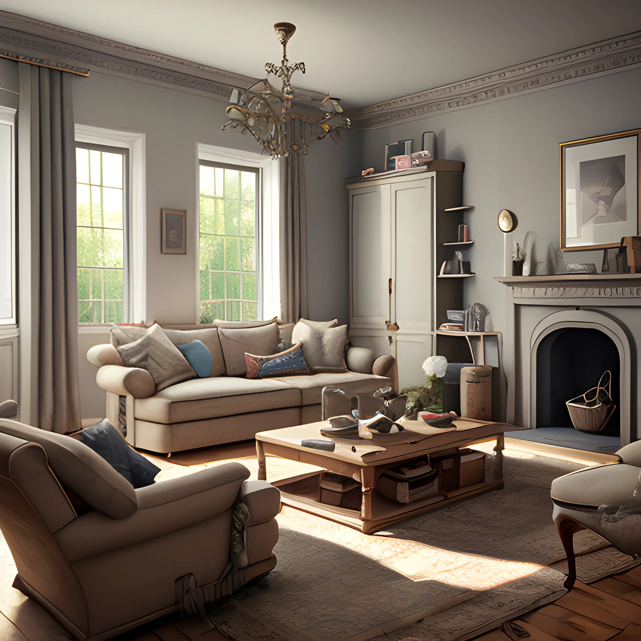 a detalied 3 d render of a country chic living room, by valentin franke, ilya galinsky trending of artstation, photorealism 