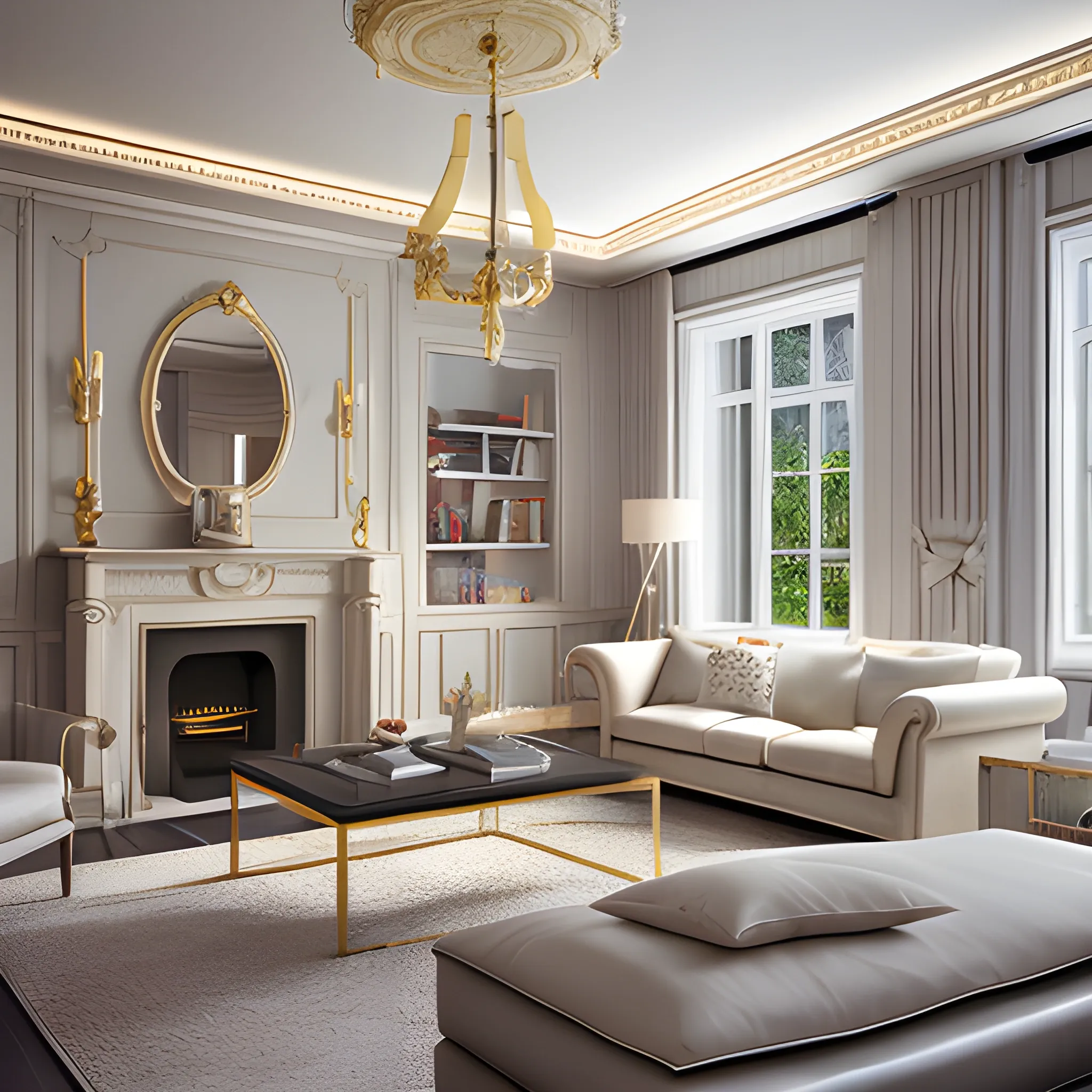 a detalied 3d render of chic living room, photorealism 