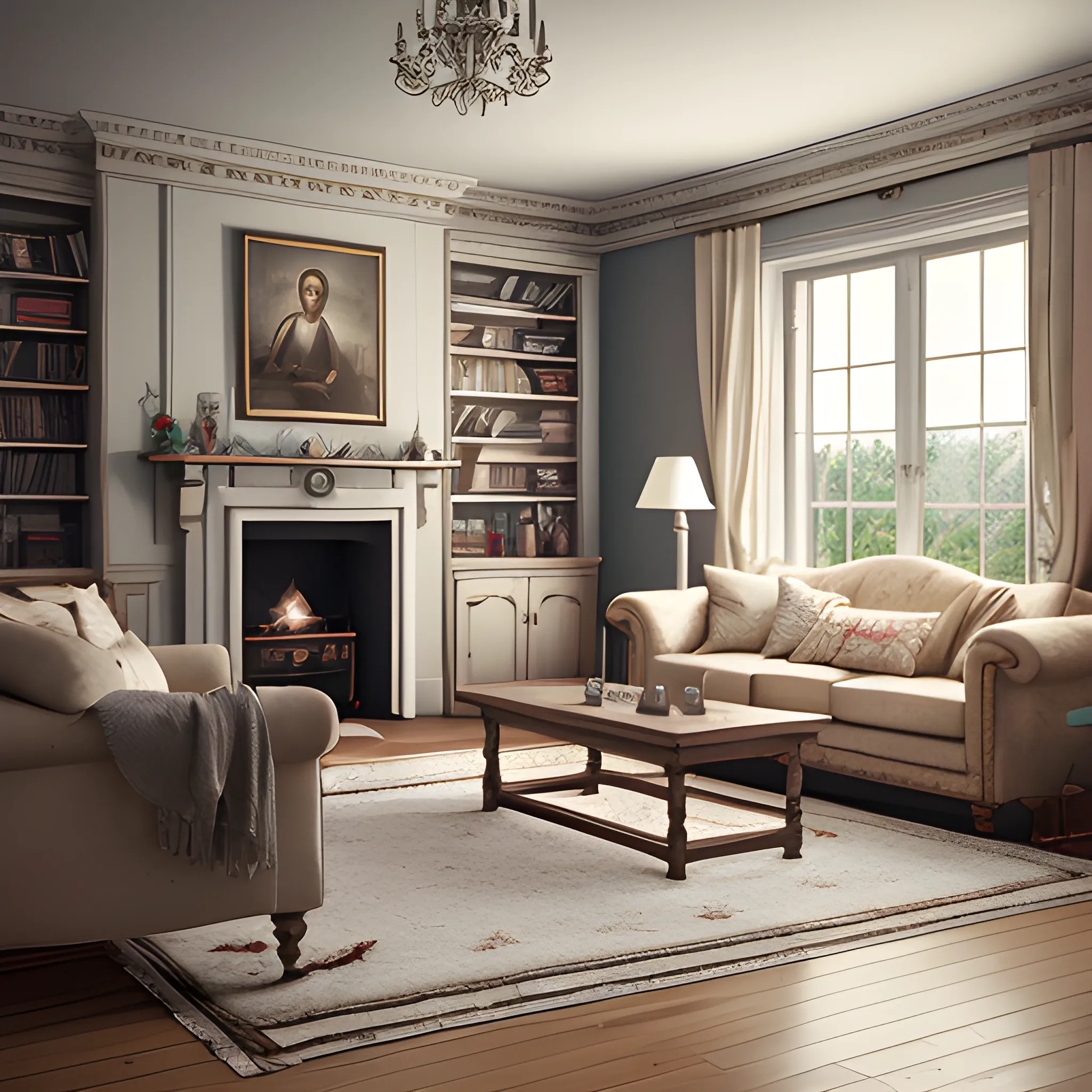 a detalied 3 d render of a country chic living room, by valentin franke, ilya galinsky trending of artstation, photorealism , 3D