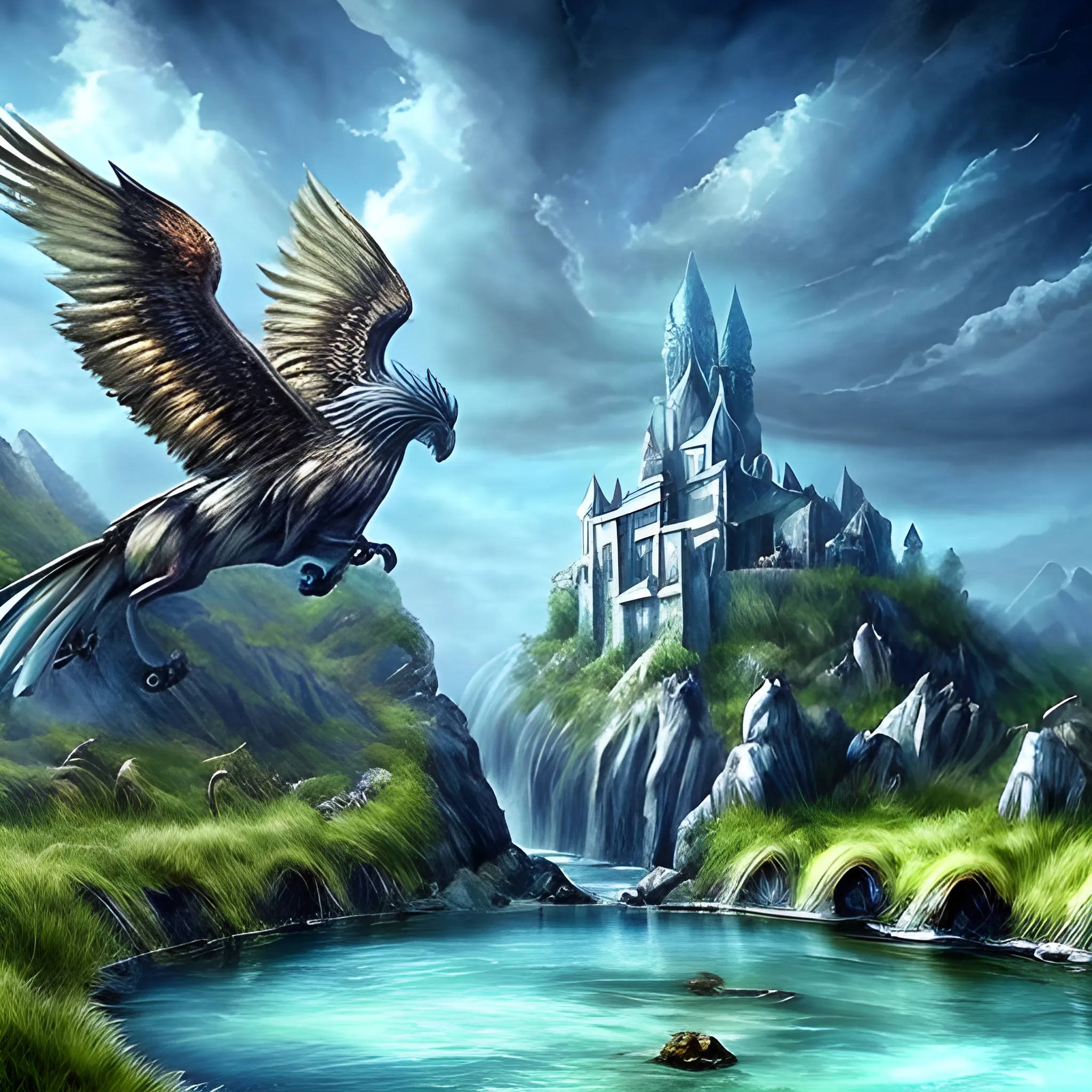 Sanctuary of griffins fantasy realistic with sky aesthetic  beautiful , Water Color