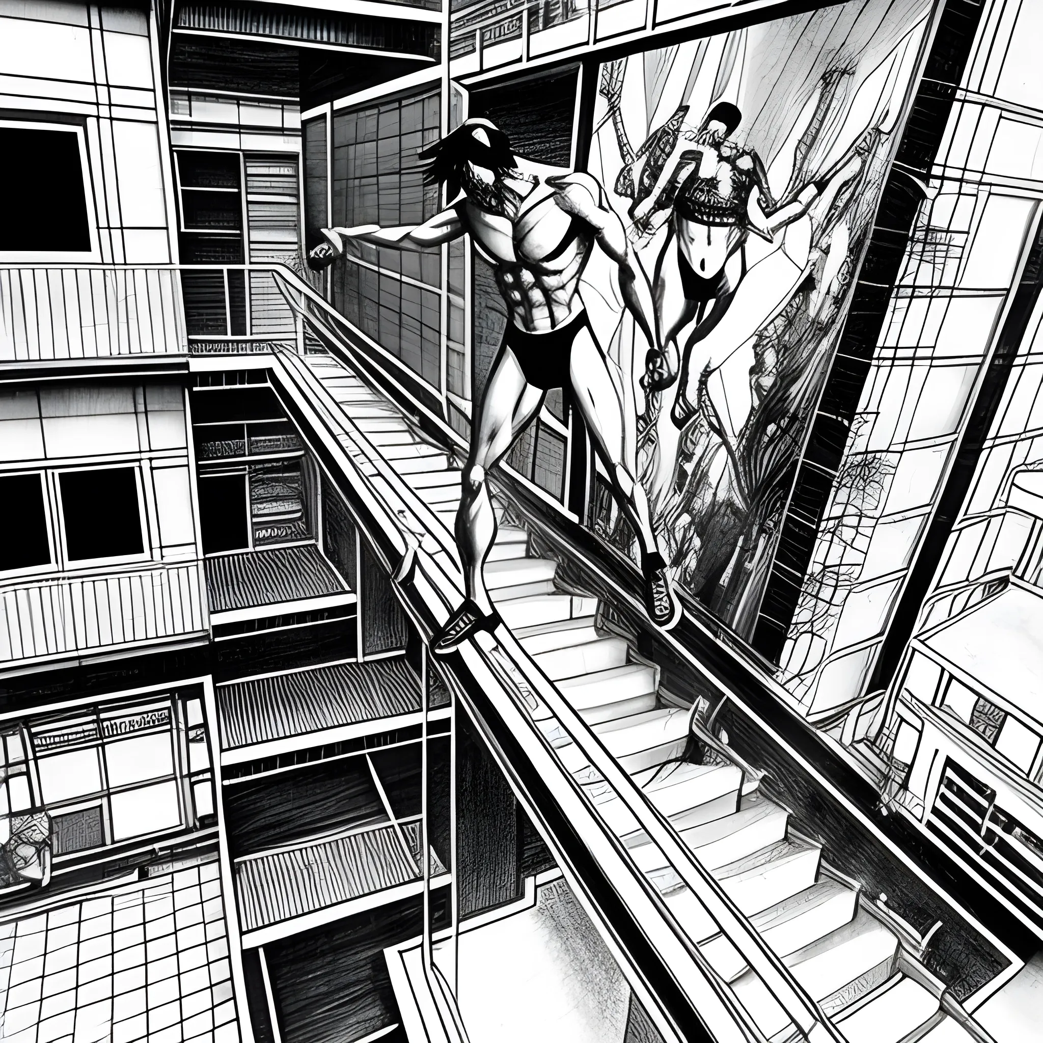 ink nanquim drawing Anime, duplicate stairs, shirtless student looking like keanu reeves about to commit suicide by throwing himself off a high place, on surrealist setting of a school Interiors splash art by Kazuo Umezu, J. G. Quintel and Ito Junji mixed, landscape Dark Academia perspective drawing, highly detailed"