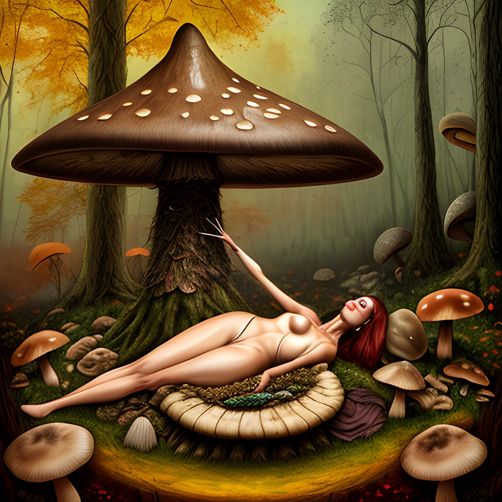 A warrior girl laying (with warrior clothes) in a mushroom at a postapolasistic world