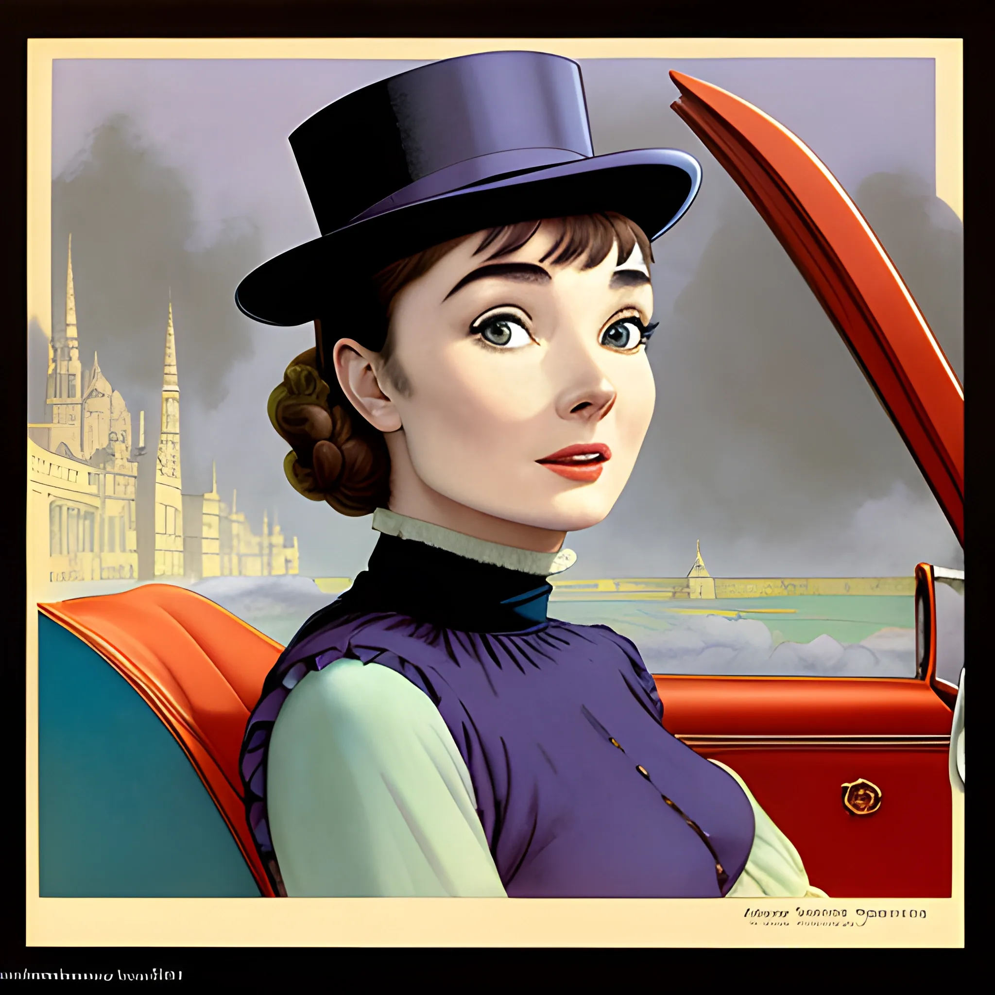 [art by Frederick Cayley Robinson, (art by Don Maitz:1.0):7], Fractal, medium shot of a Supple rotund Audrey Hepburn driving a Muscle car, wearing Countess Top hat, Foggy, Cel shaded, Hipster Art, F/5, Kodak Ektar