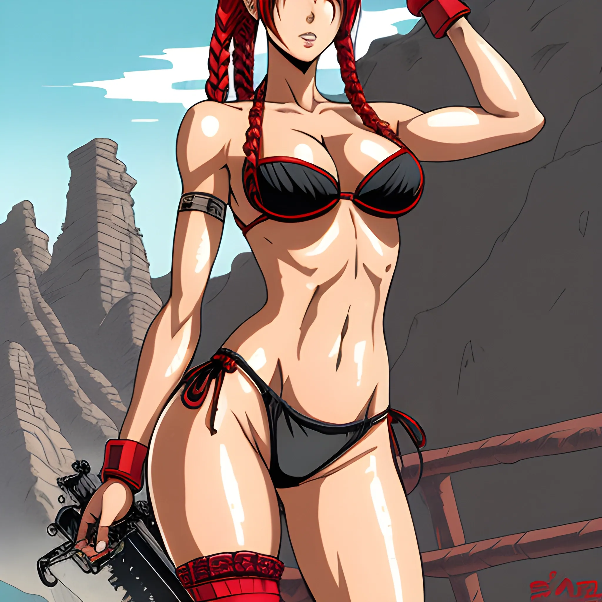 masterpiece, best quality, high resolution, intrincate details, attractive female character in a bikini panties, 1girl, makima (chainsaw man), ass, solo, underwear, breasts, thong, braid, panties, looking at viewer, braided ponytail, red hair, black panties, spread legs, art by masashi kishimoto