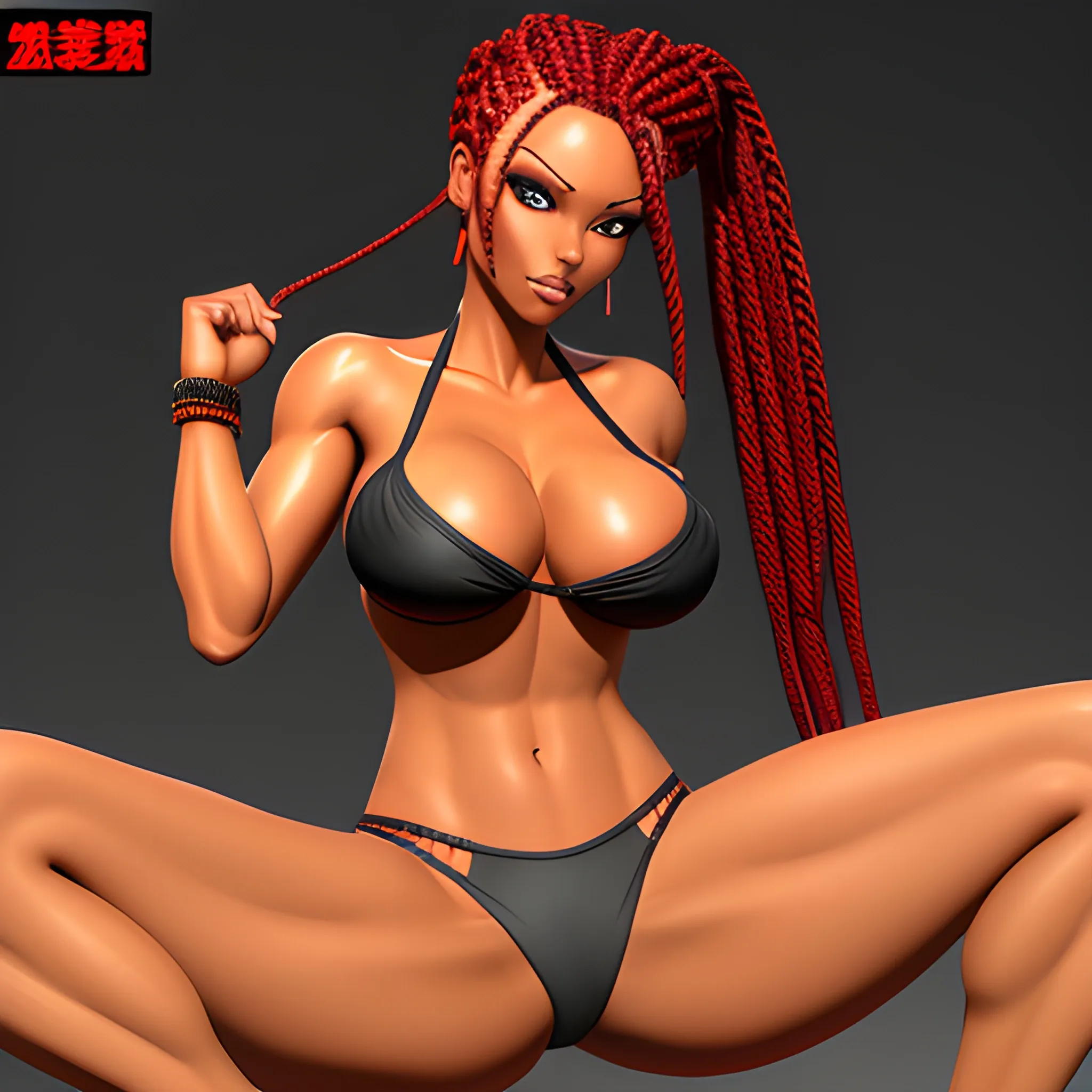 masterpiece, best quality, high resolution, intrincate details, attractive female character in a bikini panties, 1girl, makima (chainsaw man), ass, solo, underwear, breasts, thong, braid, panties, looking at viewer, braided ponytail, red hair, black panties, spread legs