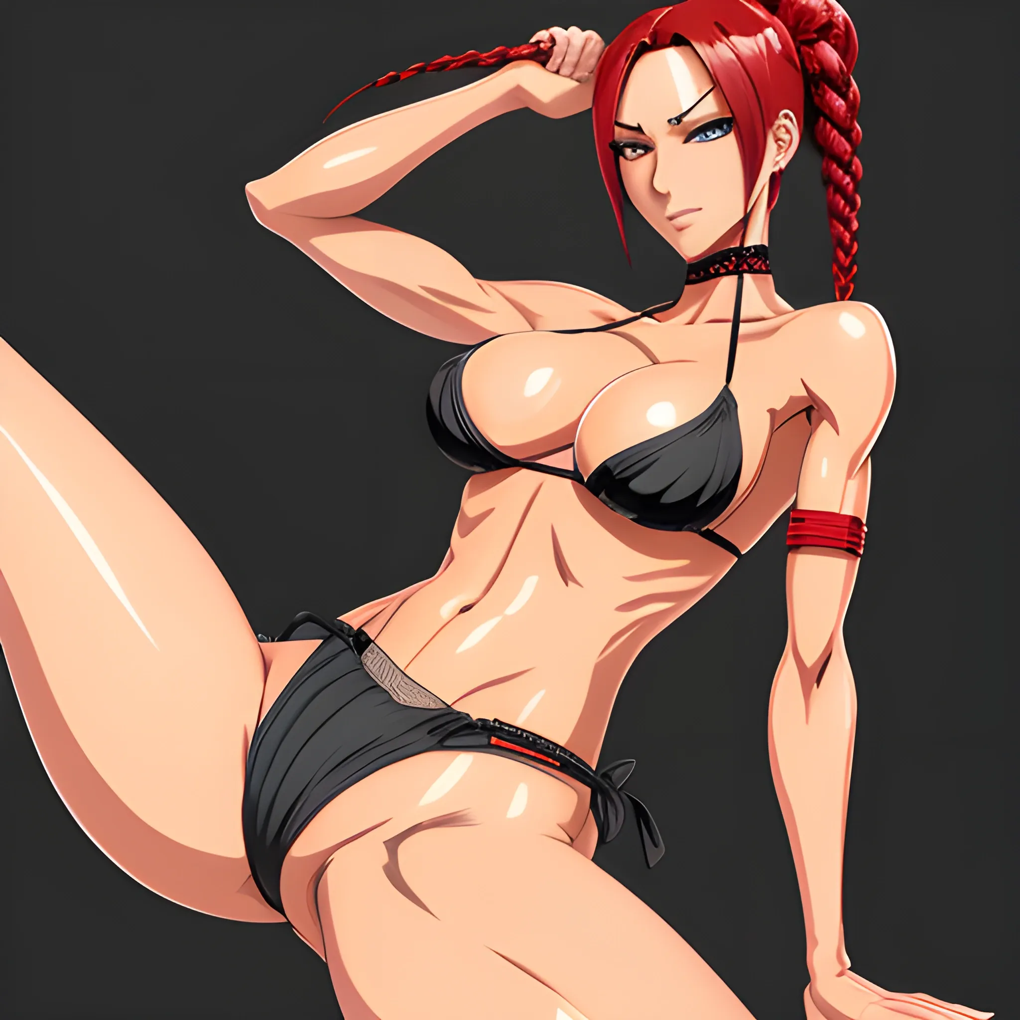 8k, masterpiece, best quality, high resolution, intrincate details, detailed face and eyes, attractive female character in a bikini panties, 1girl, makima (chainsaw man), ass, solo, underwear, breasts, thong, braid, panties, looking at viewer, braided ponytail, red hair, black panties, spread legs, art by masashi kishimoto