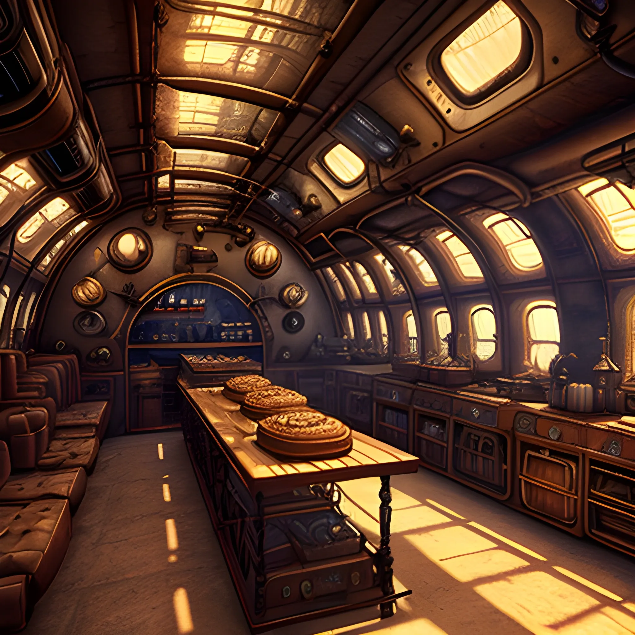 steampunk bakery inside an airship, cinematic quality, high definition, matte, unreal engine, beautiful studio Darklight

