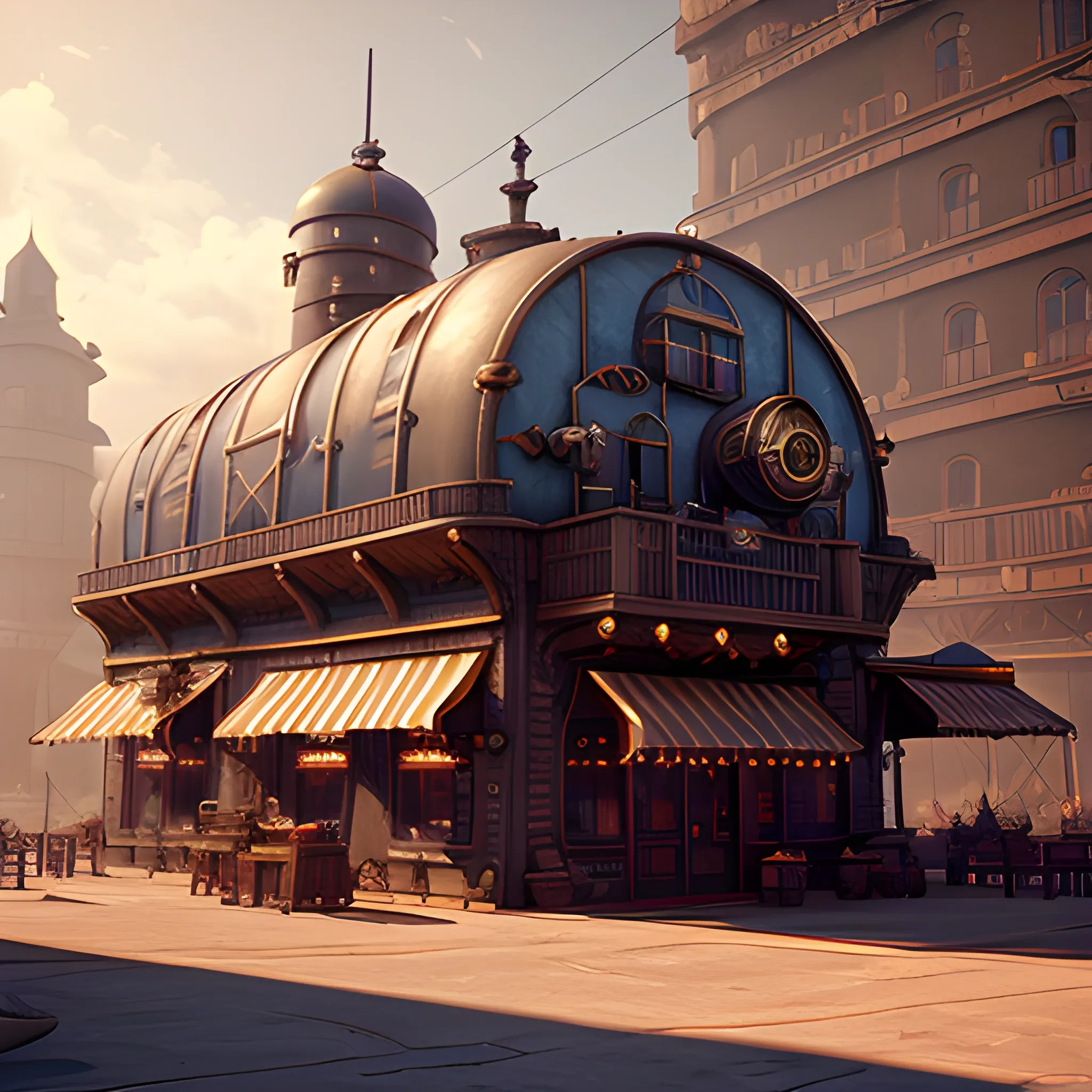 exterior of a steampunk airship bakery, cinematic quality, high definition, matte, unreal engine, beautiful studio Darklight
, 3D
