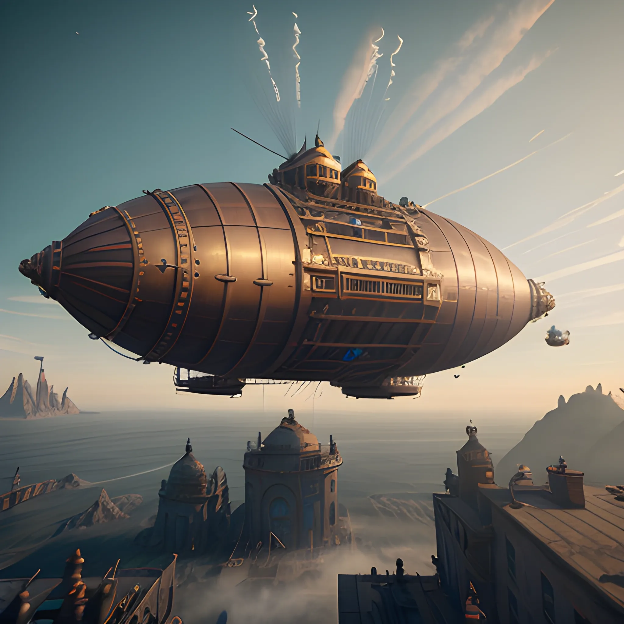 exterior of a steampunk airship bakery flying in space, cinematic quality, high definition, matte, unreal engine, beautiful studio Darklight
, 3D