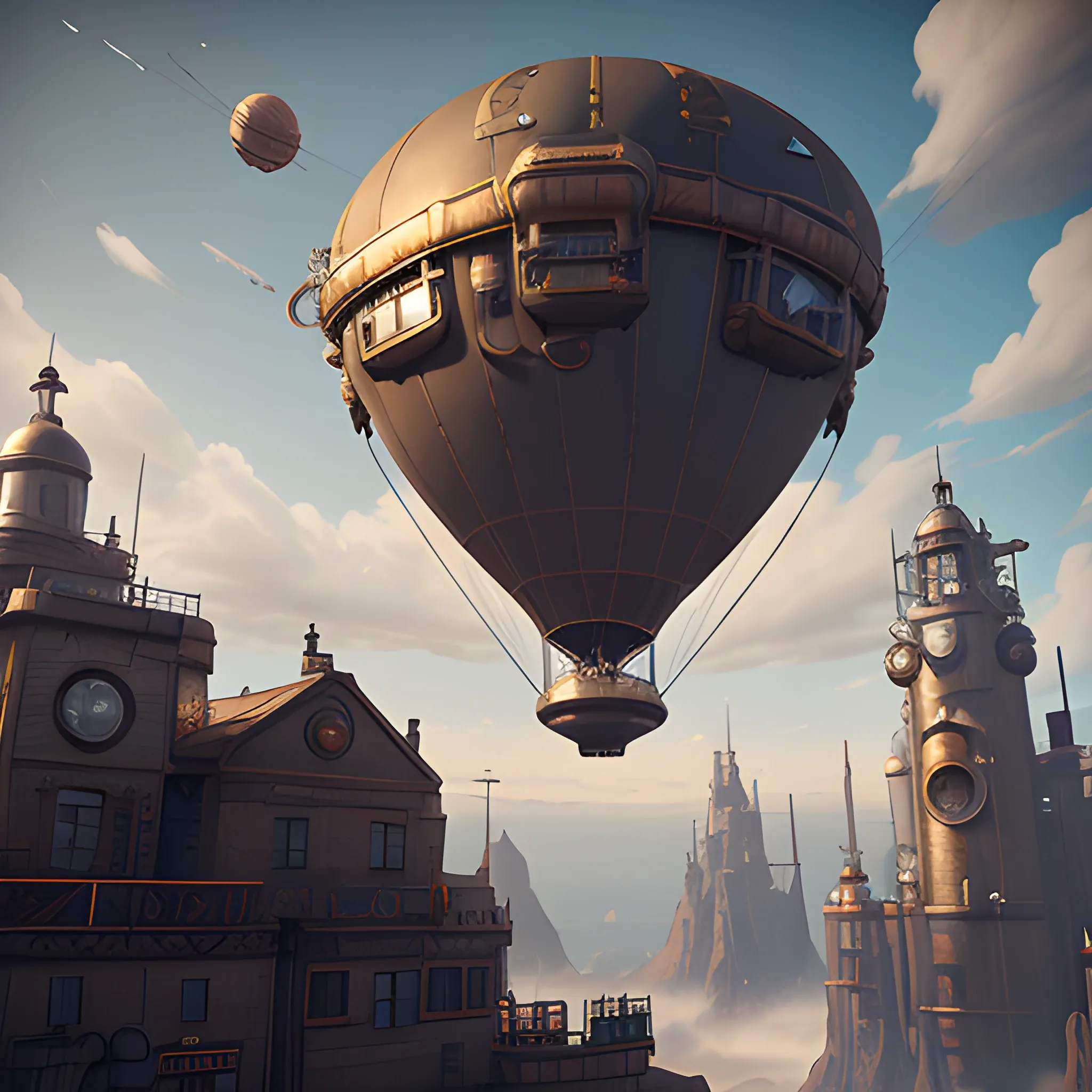 exterior of a steampunk airship bakery flying in space, cinematic quality, high definition, matte, unreal engine, beautiful studio Darklight
