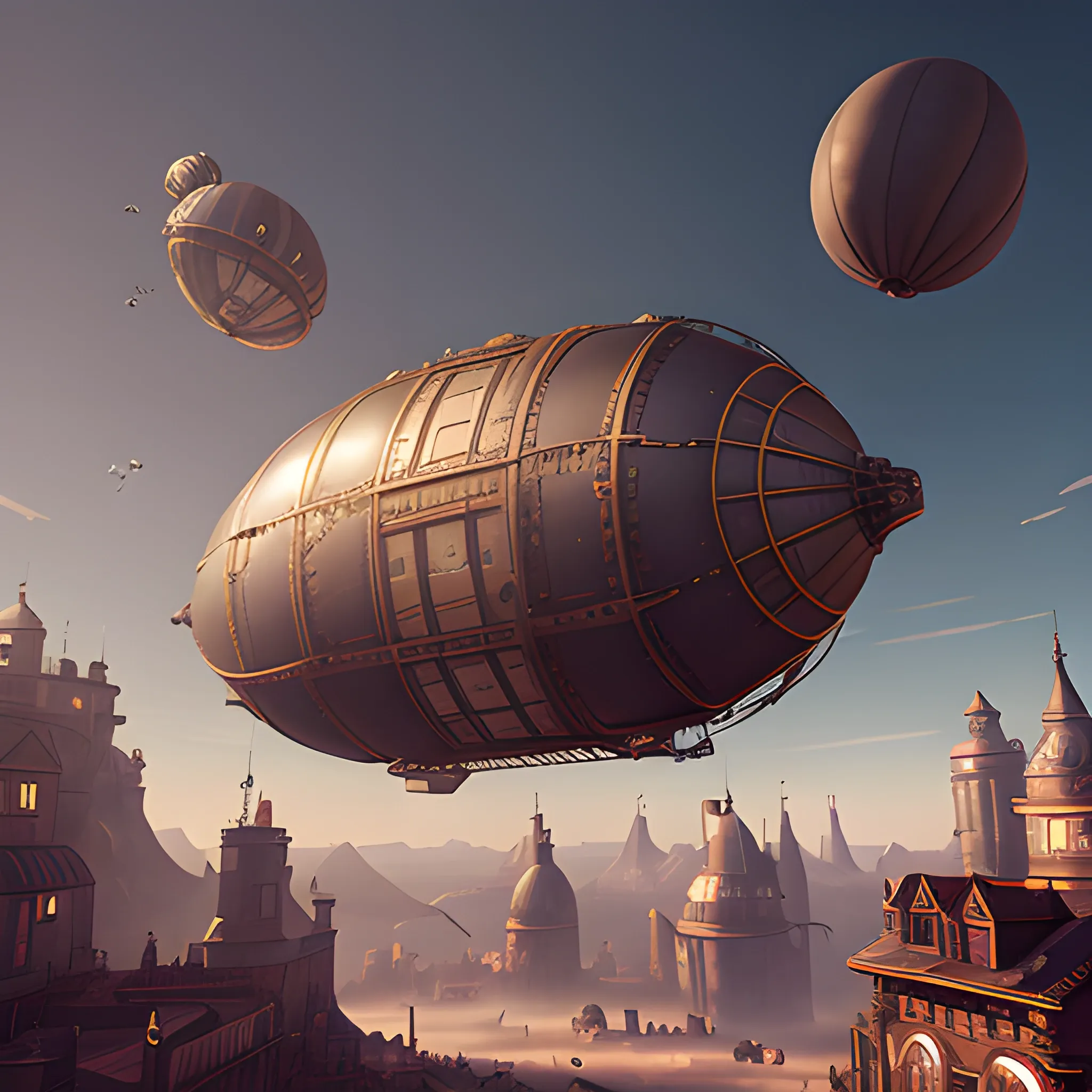 exterior of an oval steampunk airship bakery flying in space, cinematic quality, high definition, matte, unreal engine, beautiful studio Darklight
