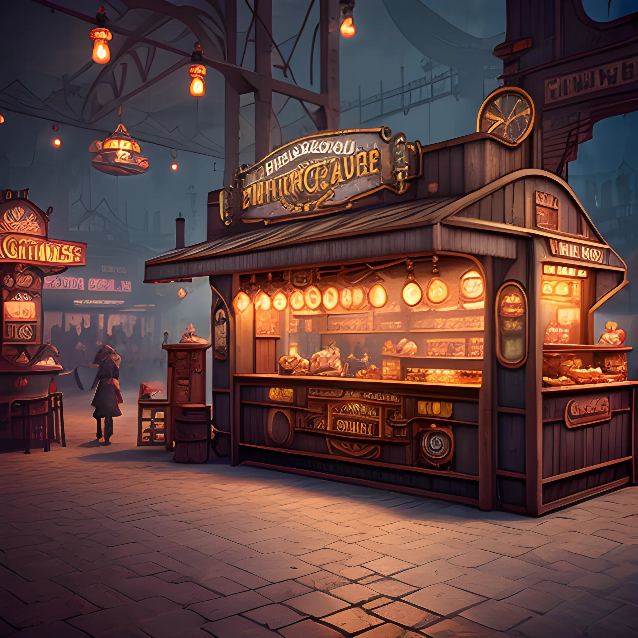 foodstand inside steampunk amusement park, cinematic quality, high definition, matte, unreal engine, beautiful studio Darklight
