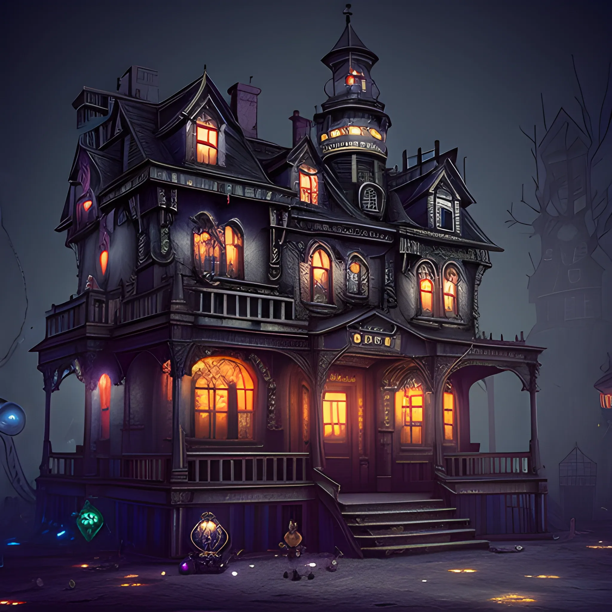 the haunted house inside a steampunk amusement park glittering with lights, cinematic quality, high definition, matte, unreal engine, beautiful studio Darklight
