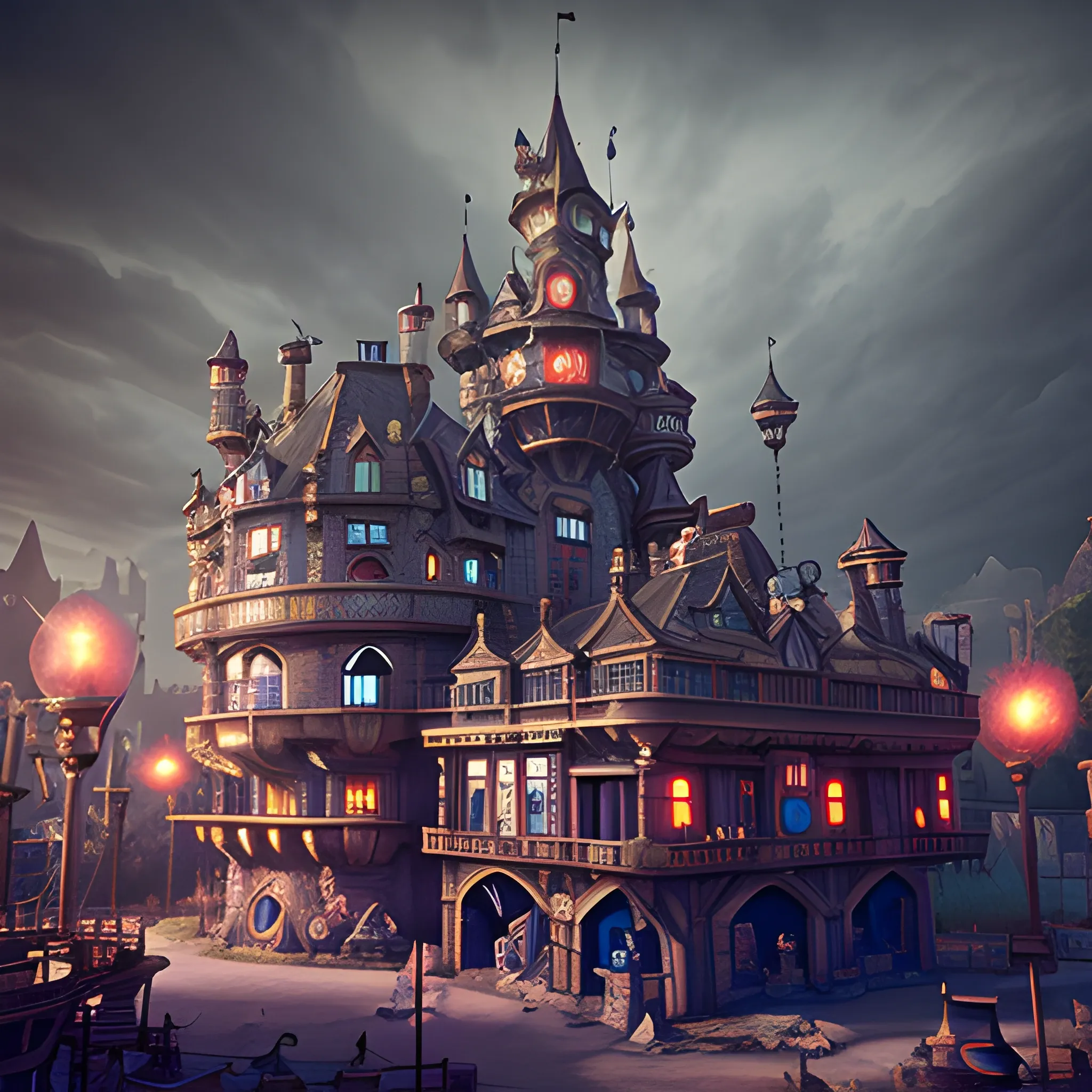 steampunk castle  inside an amusement park, cinematic quality, high definition, matte, unreal engine, beautiful studio Darklight