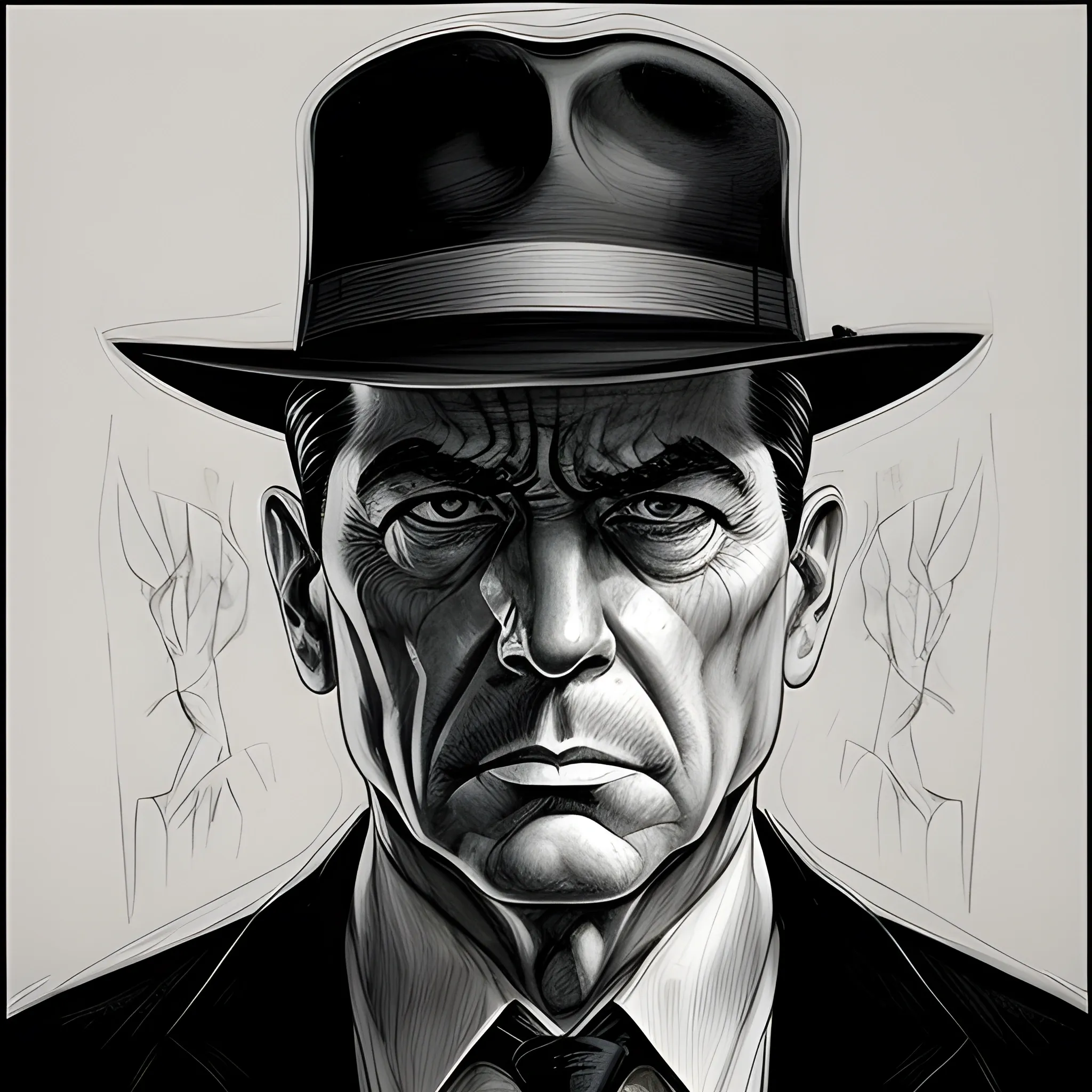 A noir-style portrait of a detective, drawn with pen and paper. The image features a strong focus on the character's face, with intricate details of the wrinkles and shadows enhancing the overall mood of the piece. The dynamic pose and angle of the character create a sense of action, with the overall composition reflecting a high-quality, award-winning piece., Trippy