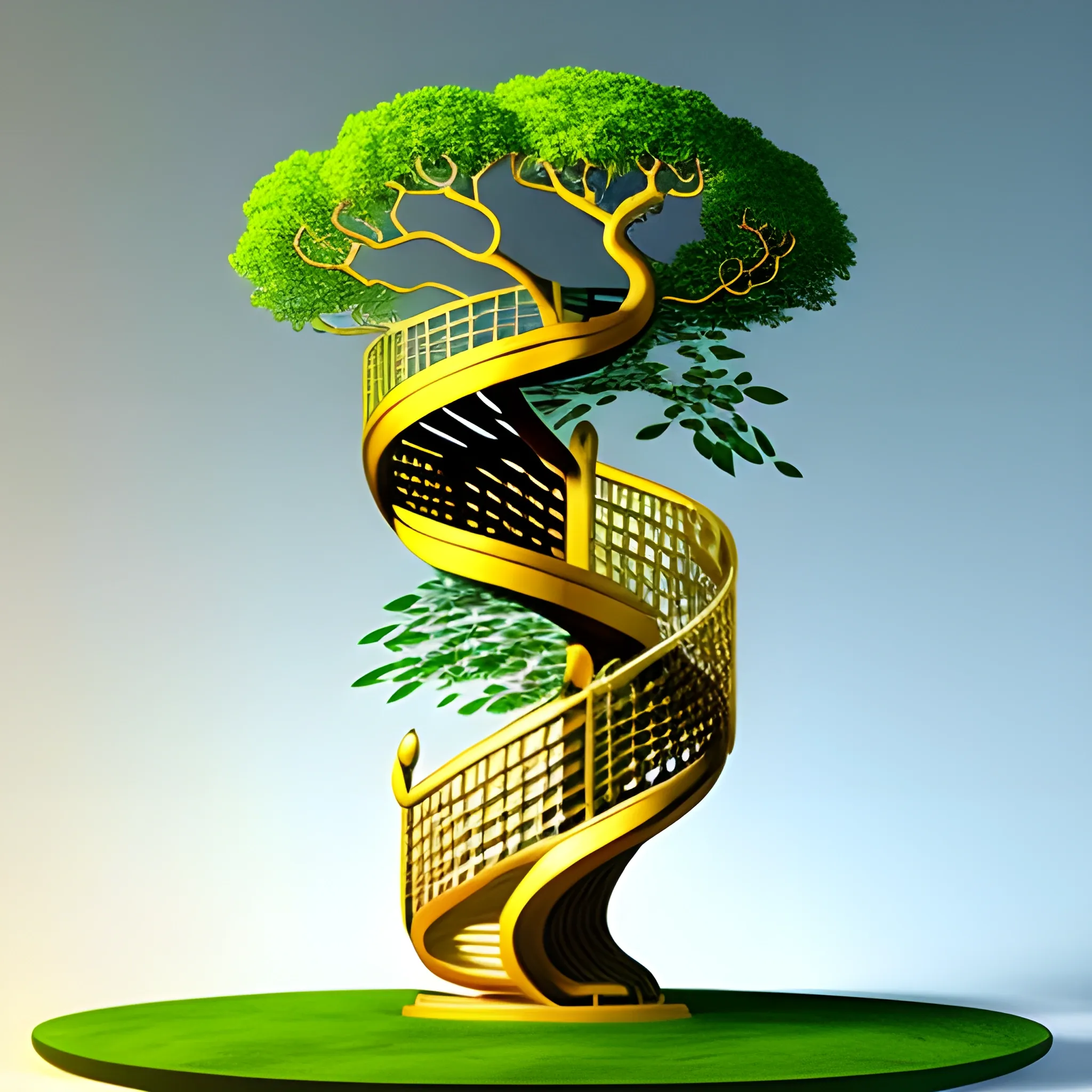 Bansai tree in a round small pot of golden color, the leaves of the tree follow the pattern of the brain, a spiral staircase of white marble 13 steps rises around the tree, photorealistic image on a white background, high-definition image, detailed image