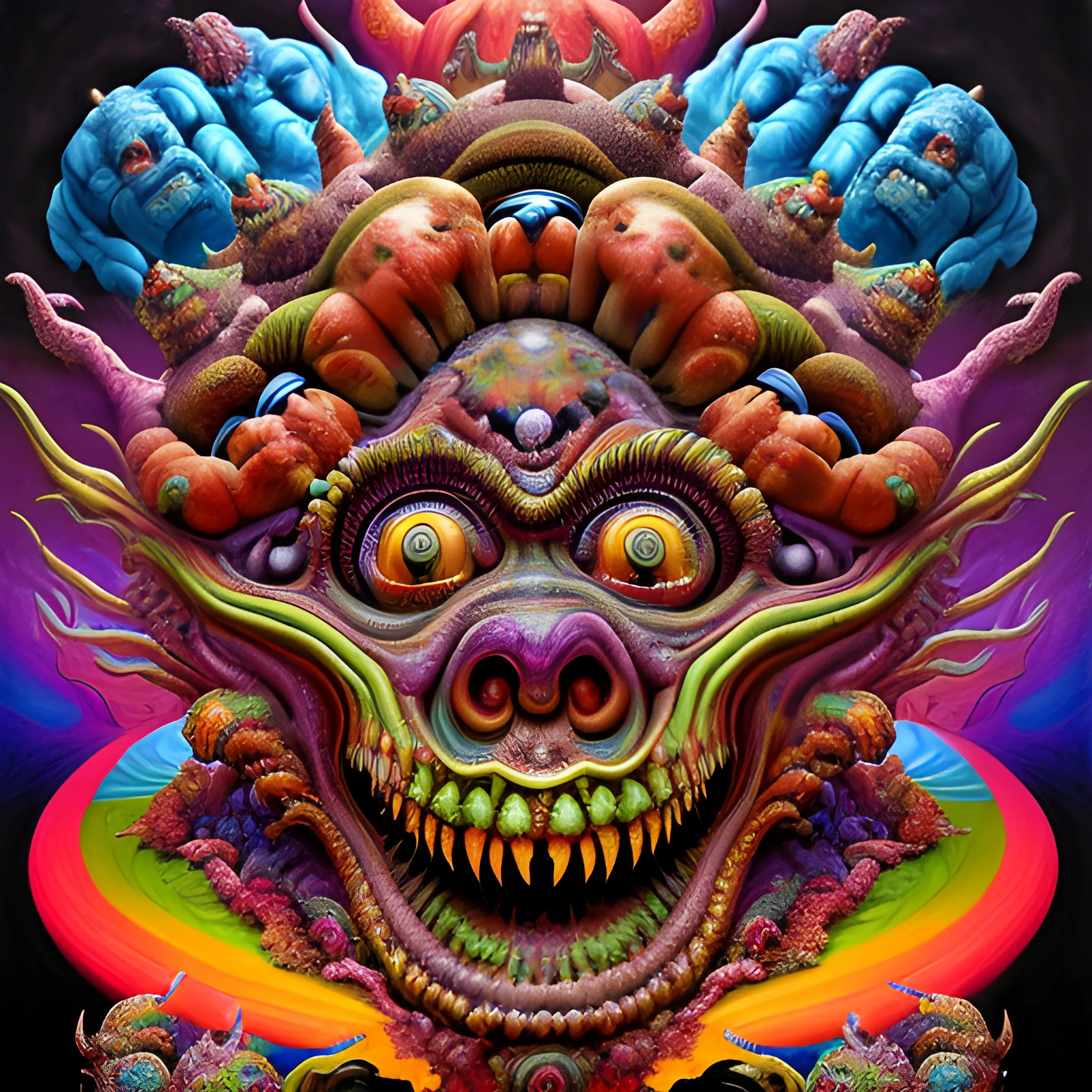 a high hyperdetailed painting with complex textures of a group of deformed monsters united within a larger monster, made of popcorn and psychotropic psychoactive substances cosmic psychedelic fulcolor spiritual chaotic surrealism horror bizarre psycho art 