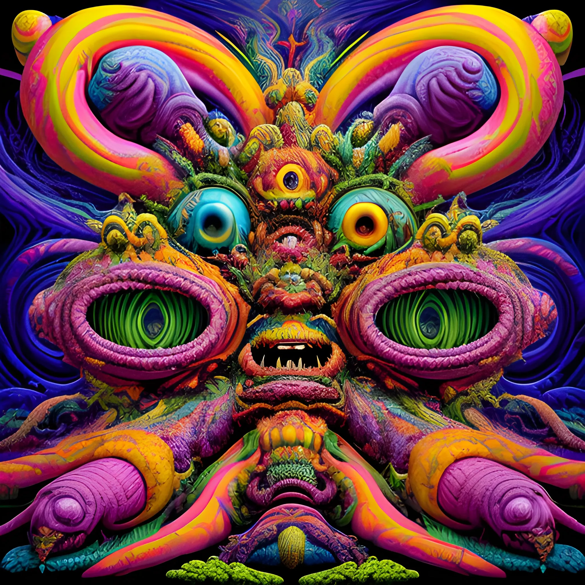 a high hyperdetailed painting with complex textures of a group of deformed monsters united within a larger monster, made of popcorn and psychotropic psychoactive substances cosmic psychedelic fulcolor spiritual chaotic surrealism horror bizarre psycho art 