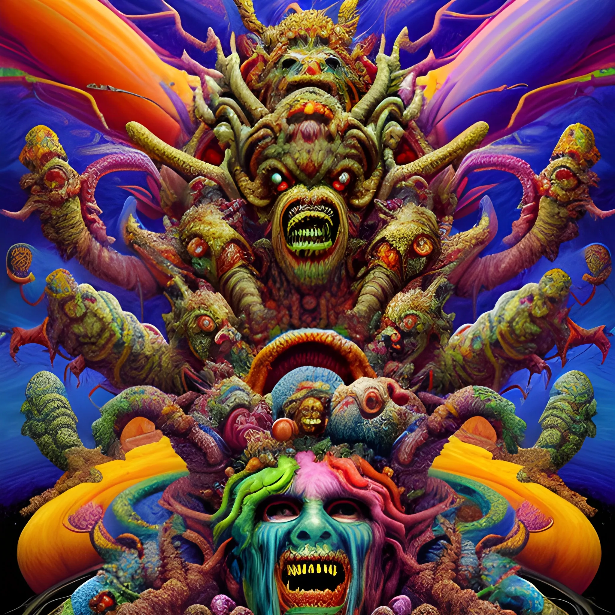 a high hyperdetailed painting with complex textures of a group of deformed monsters united within a larger monster, made of popcorn and psychotropic psychoactive substances cosmic psychedelic fulcolor spiritual chaotic surrealism horror bizarre psycho art 