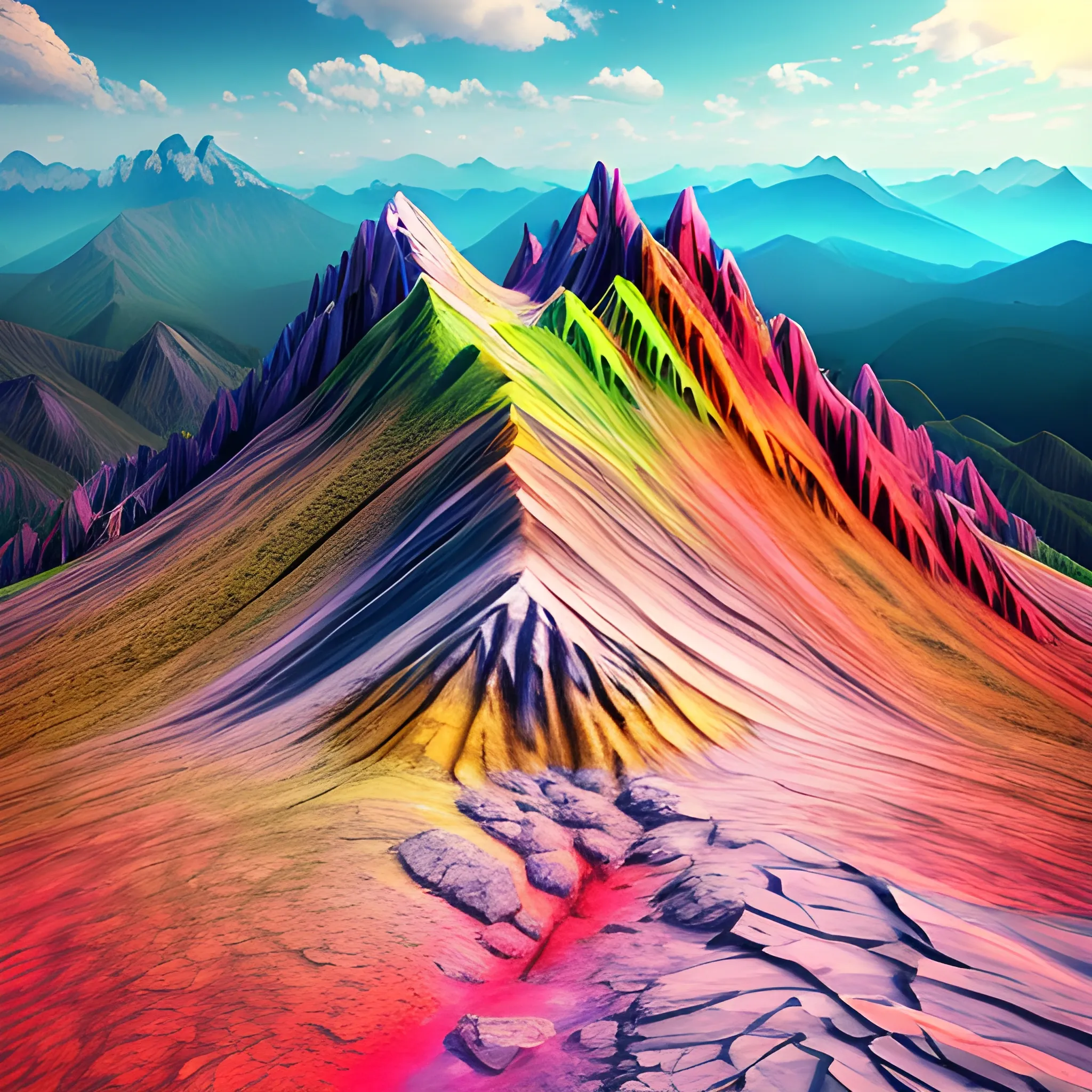 Realistic Photo image of a colorful scenic, beautiful heavy mountain with no water., 3D