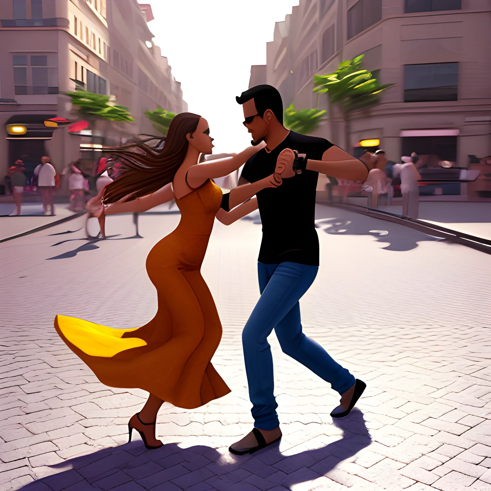 two person dancing bachata on the street, 3D