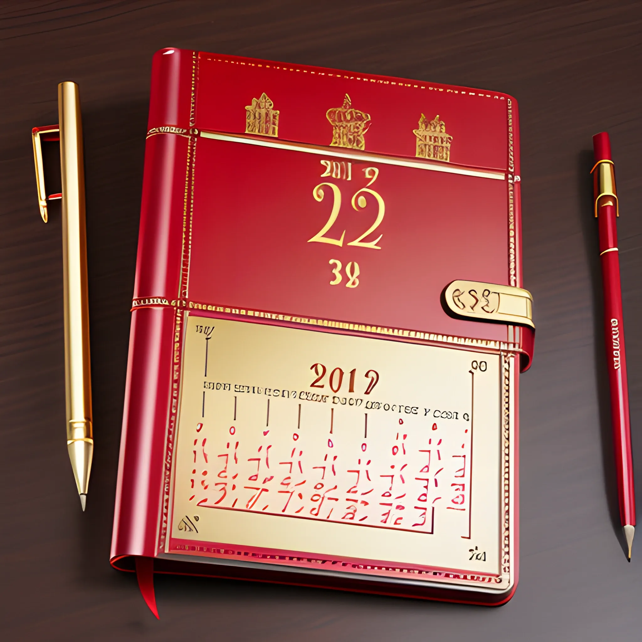 this is a logo, a metal note book cover, in metallic red and metallic gold, with mechanical icons a mechanical pencil, the cover of the calendar opens to the top, all of them on table, 3d, unreal, 3D