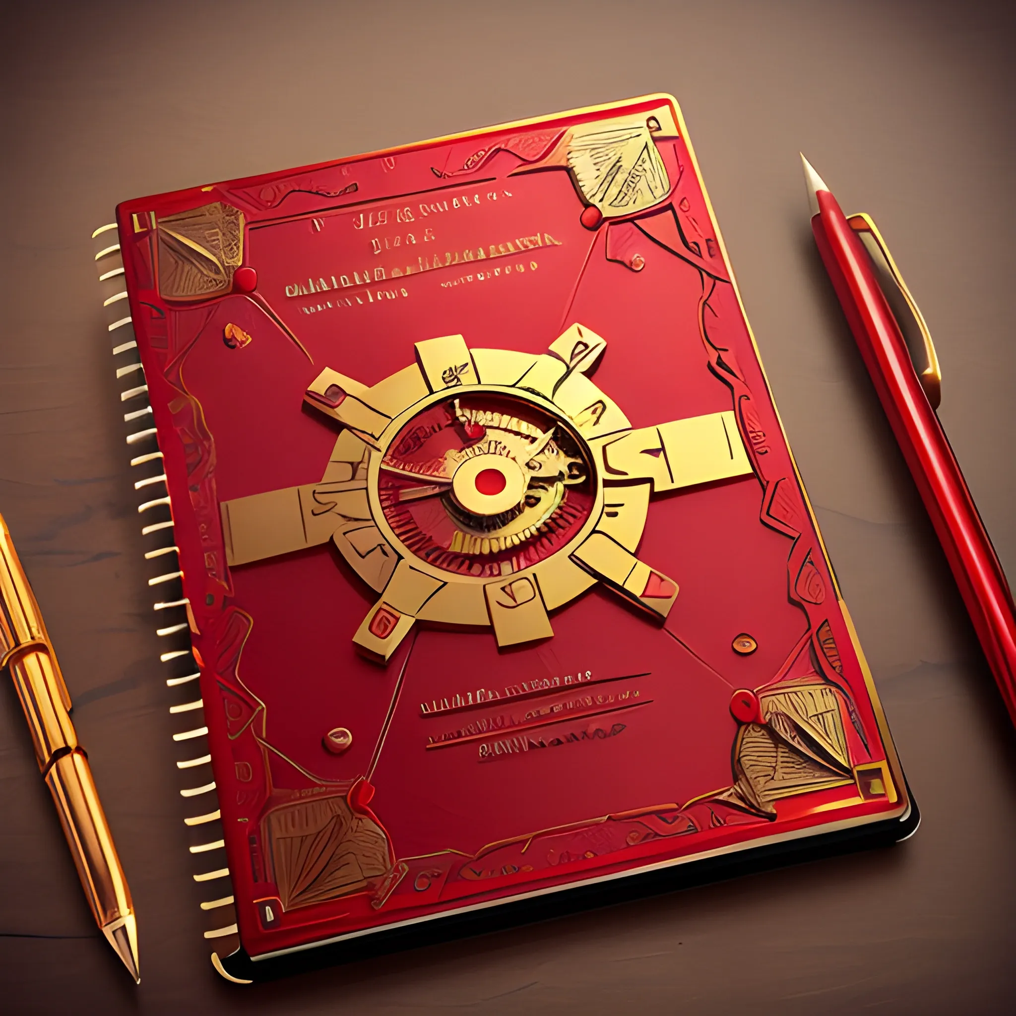 it's a logo, a metal notebook cover, metallic red and metallic gold, a mechanical pencil with mechanical icons, the cover of the calendar opens up, it's all on the table, 3D, unreal and has BLOG written on it