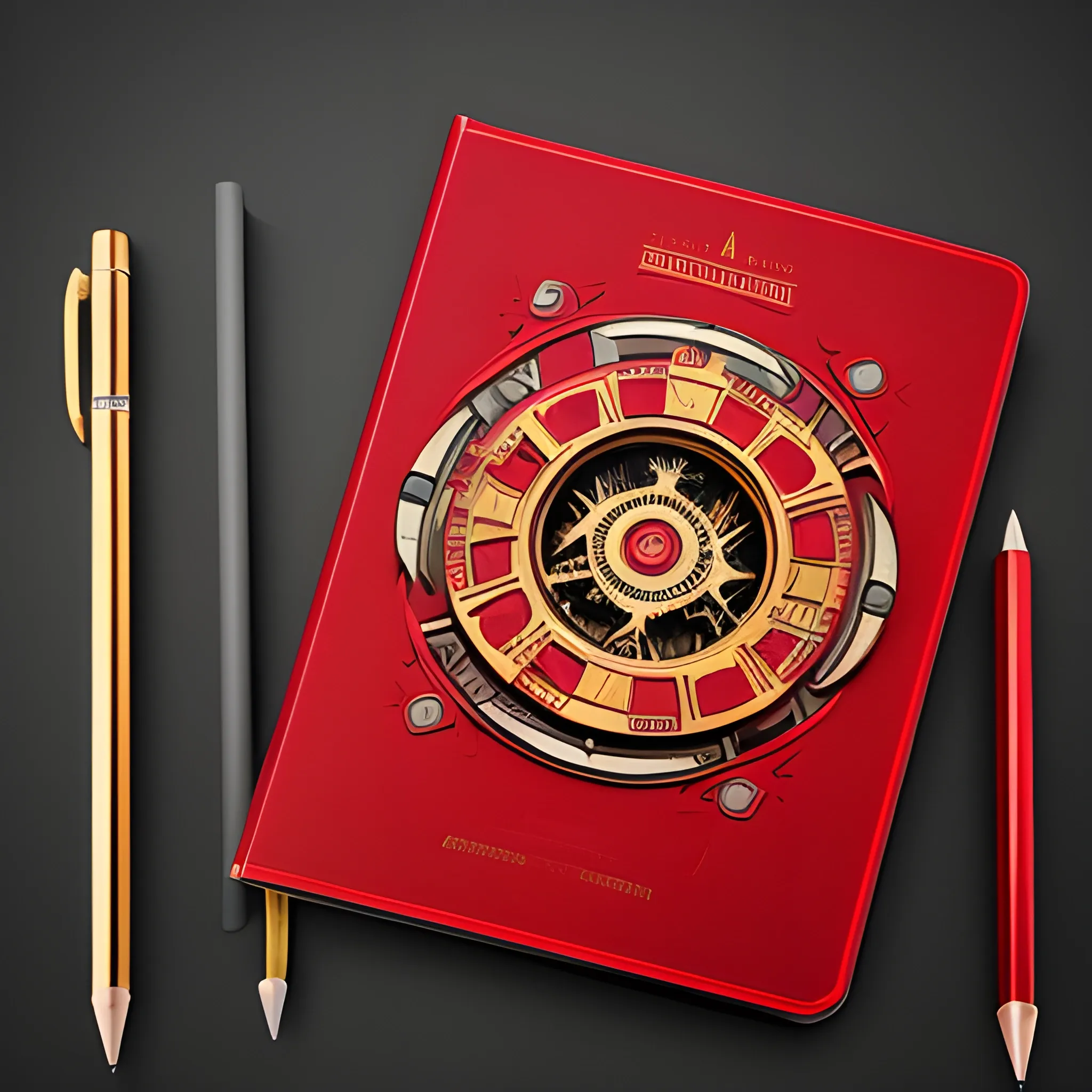 it's a logo, a metal notebook cover, metallic red and metallic gold, a mechanical pencil with mechanical icons, the cover of the calendar opens up, it's all on the table, 3D, unreal, 
has BLOG written on it